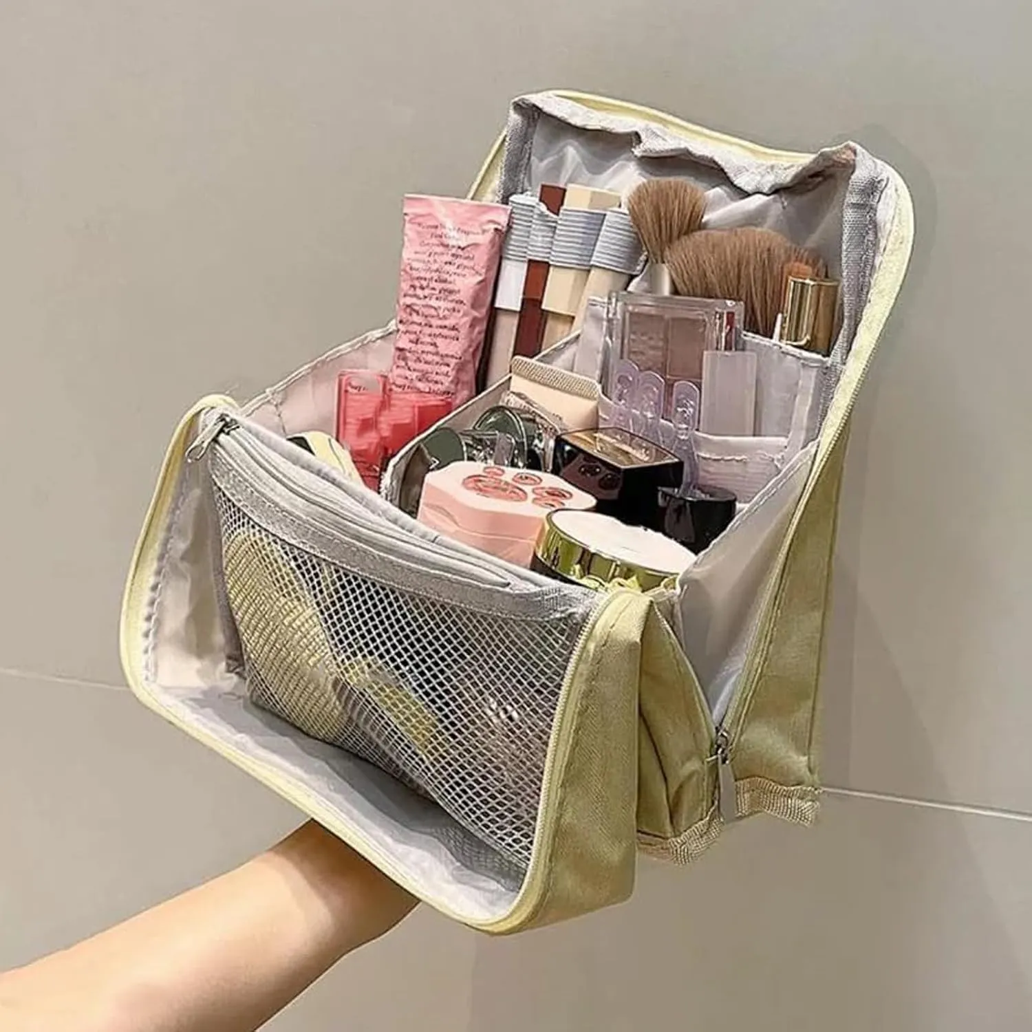 Doresty Standing Makeup Bag, Portable Large Capacity Vertical Makeup Organizer Bag, Multi-purpose Waterproof Makeup Bag with Compartments, for Home or Travel (Gray)