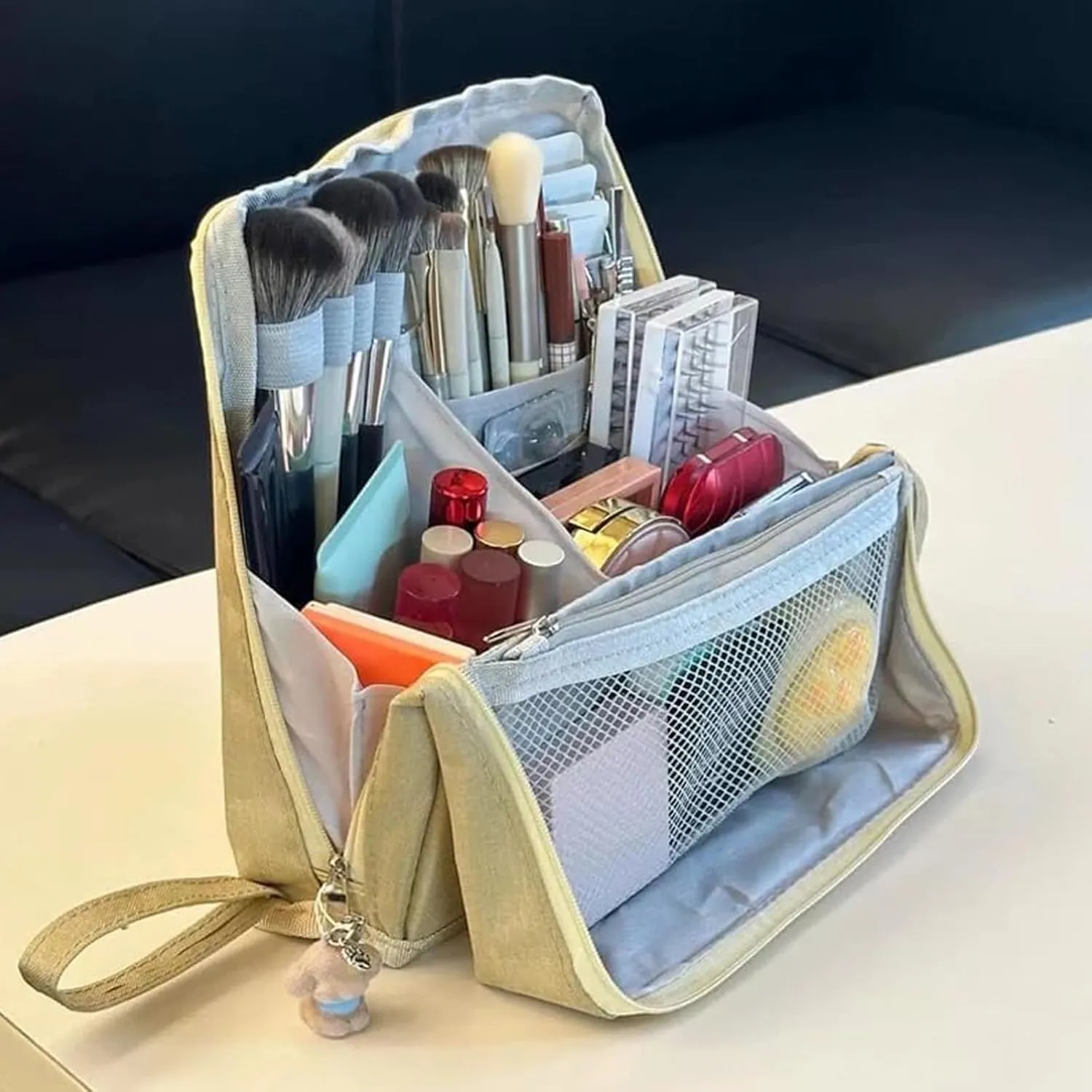 Doresty Standing Makeup Bag, Portable Large Capacity Vertical Makeup Organizer Bag, Multi-purpose Waterproof Makeup Bag with Compartments, for Home or Travel (Gray)