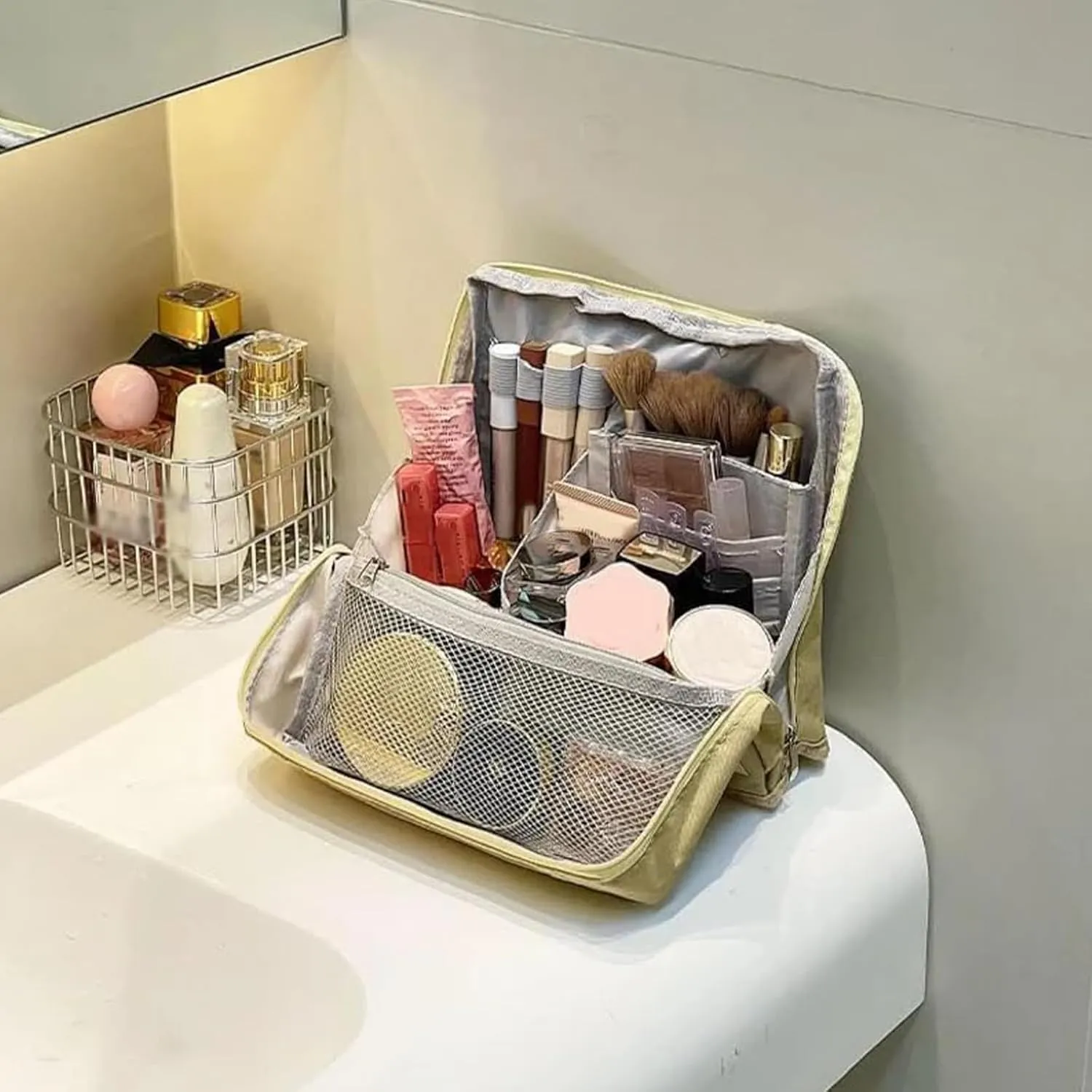 Doresty Standing Makeup Bag, Portable Large Capacity Vertical Makeup Organizer Bag, Multi-purpose Waterproof Makeup Bag with Compartments, for Home or Travel (Gray)