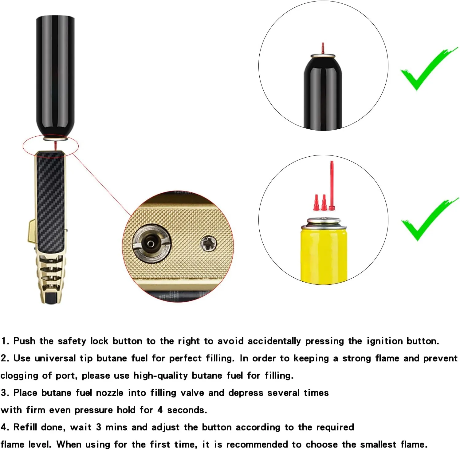 DOUBFIVSY Butane Torch Lighter, Refillable Kitchen Cooking Torch with Safety Lock, Windproof Adjustable Jet Flame Solar Beam Torch Blow Torch for Baking BBQ Mens Gifts (Without Gas) (Golden)