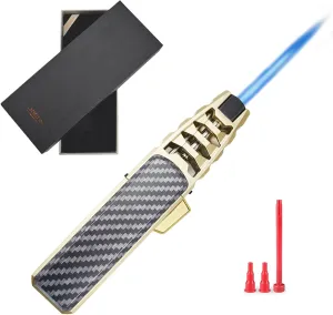 DOUBFIVSY Butane Torch Lighter, Refillable Kitchen Cooking Torch with Safety Lock, Windproof Adjustable Jet Flame Solar Beam Torch Blow Torch for Baking BBQ Mens Gifts (Without Gas) (Golden)