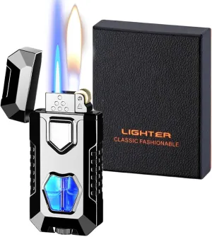 Dual Flame Butane Lighter with Visible Fuel Window, Open Flame and Windproof Direct Blue Flame, Multifunctional Lighter, Suitable for Men and Women (Fuel not Included)(Black)