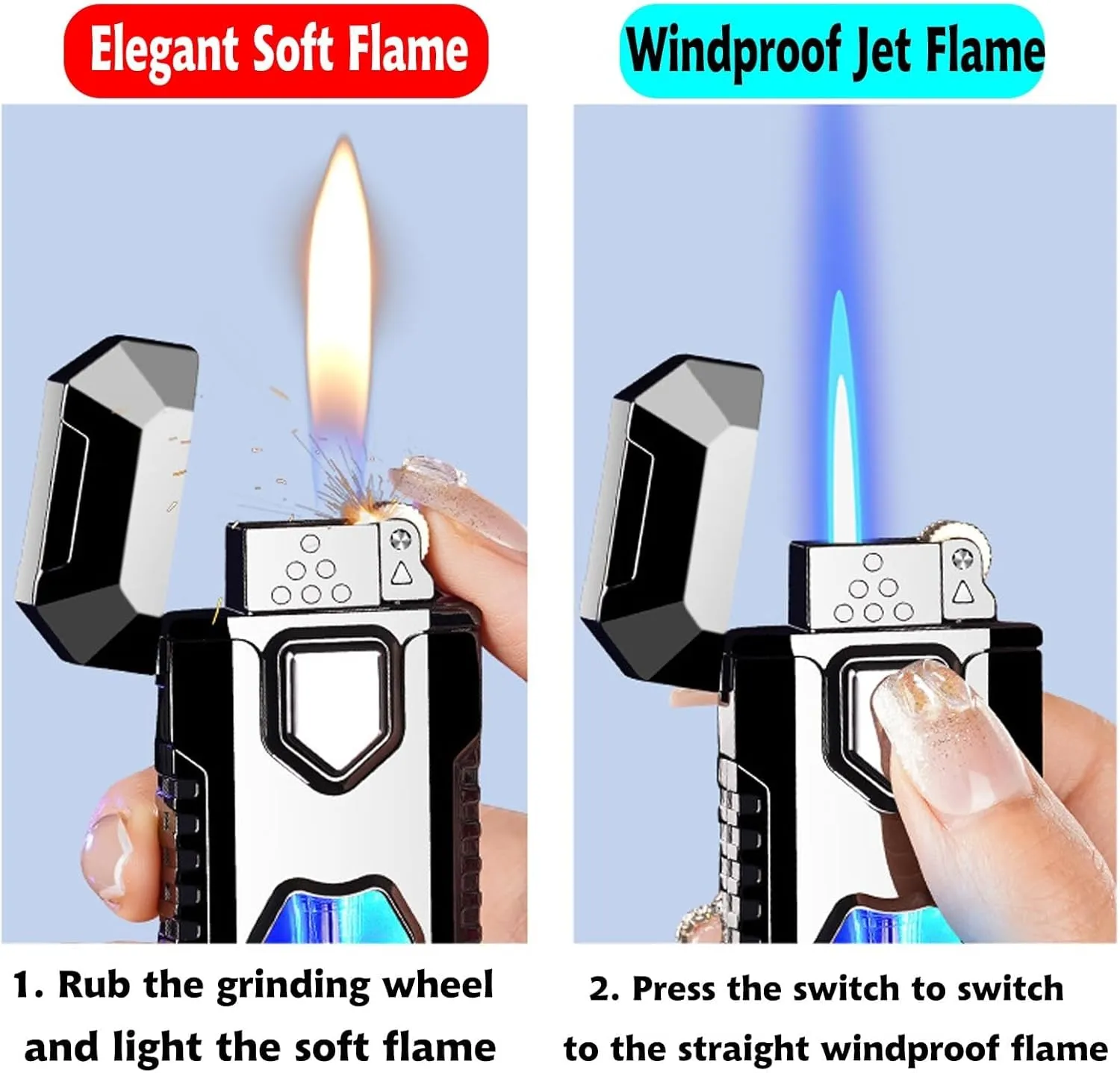 Dual Flame Butane Lighter with Visible Fuel Window, Open Flame and Windproof Direct Blue Flame, Multifunctional Lighter, Suitable for Men and Women (Fuel not Included)(Black)