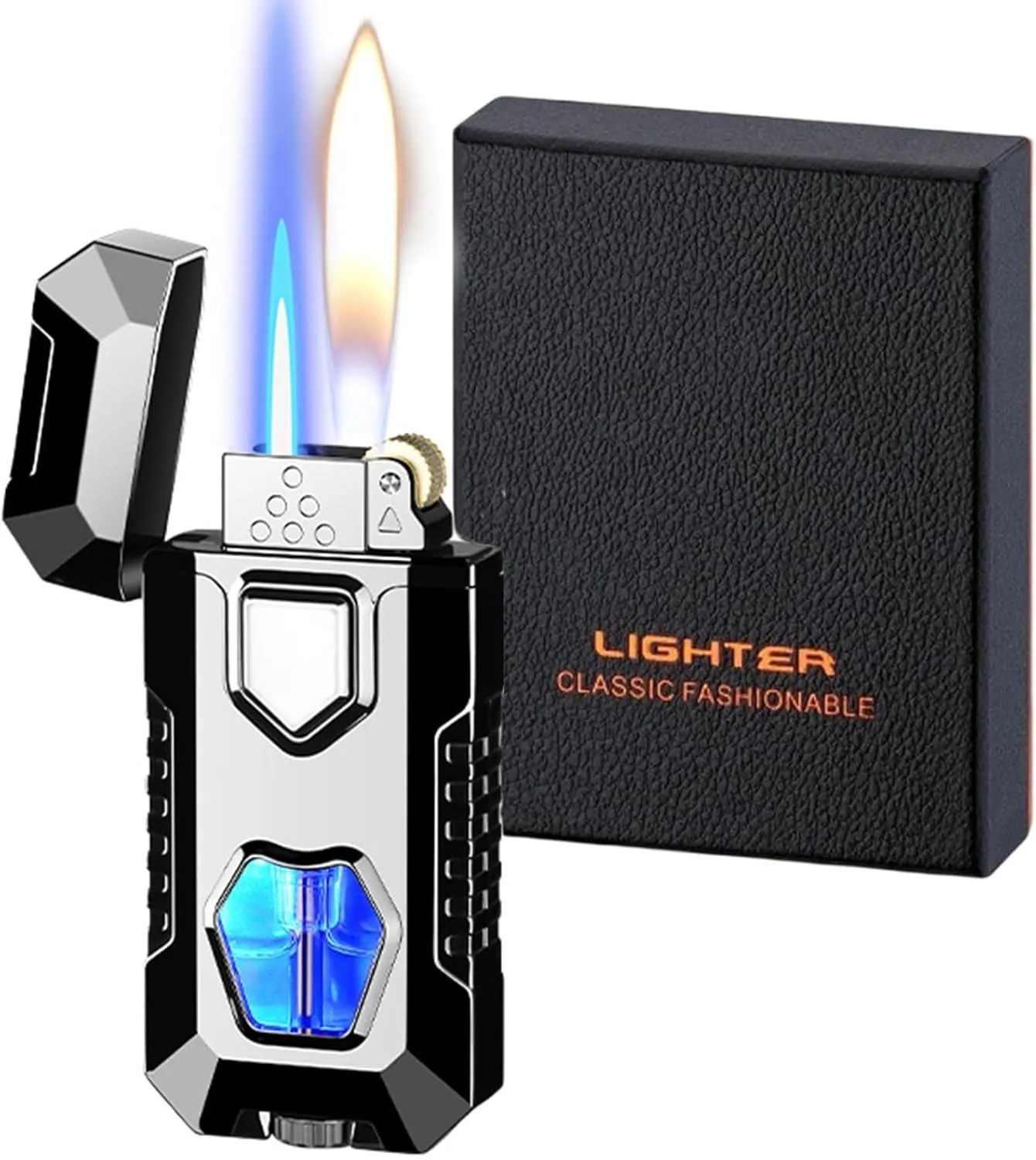 Dual Flame Butane Lighter with Visible Fuel Window, Open Flame and Windproof Direct Blue Flame, Multifunctional Lighter, Suitable for Men and Women (Fuel not Included)(Black)