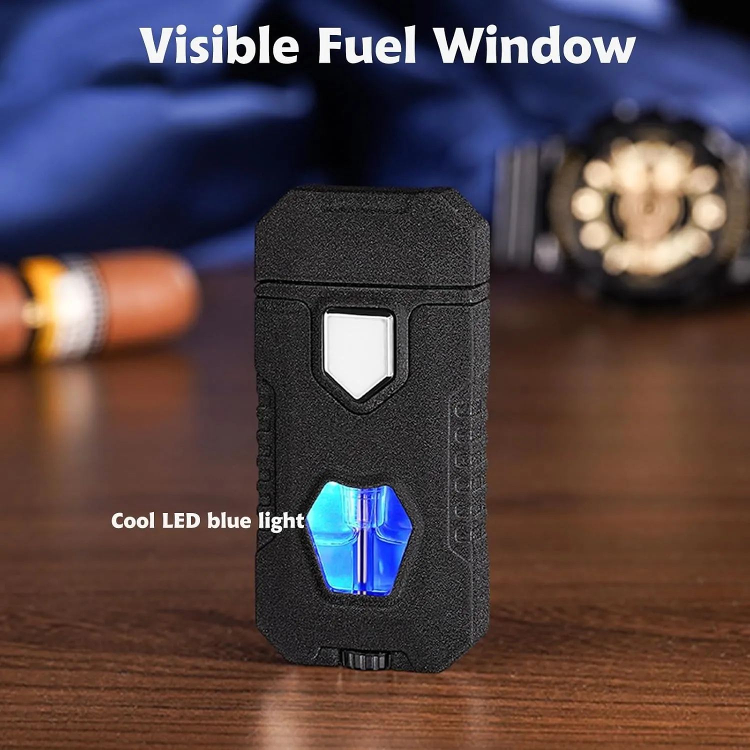Dual Flame Butane Lighter with Visible Fuel Window, Open Flame and Windproof Direct Blue Flame, Multifunctional Lighter, Suitable for Men and Women (Fuel not Included)(Black)