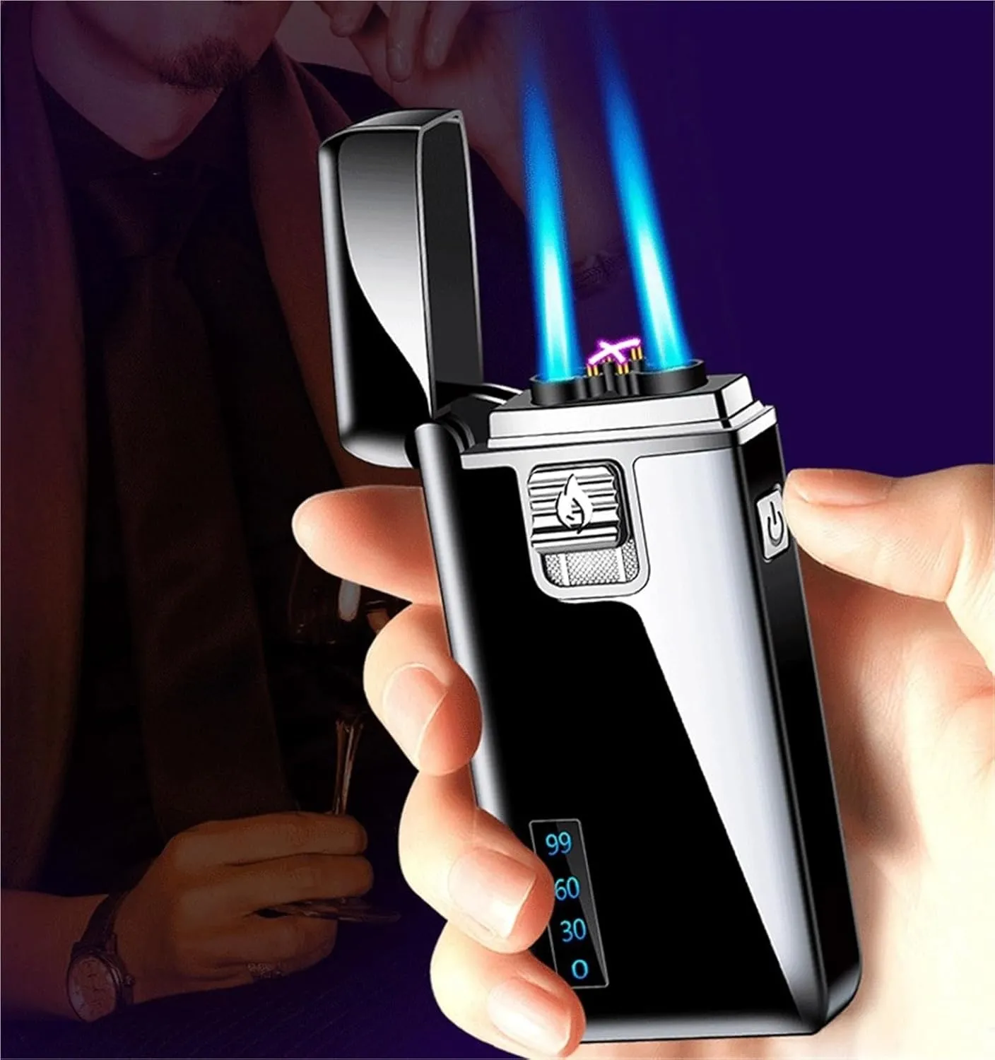 Dual Flame Gas Lighter, Flame Adjustment, Fuel Filling, Two Ignition Methods, Windproof Multifunctional Lighter, Suitable for Indoor and Outdoor use (Fuel not Included)(Black)