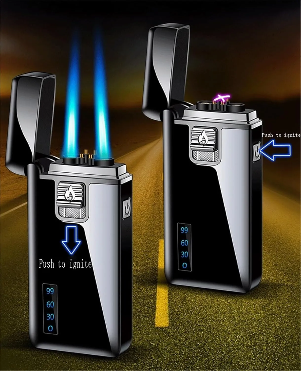 Dual Flame Gas Lighter, Flame Adjustment, Fuel Filling, Two Ignition Methods, Windproof Multifunctional Lighter, Suitable for Indoor and Outdoor use (Fuel not Included)(Black)
