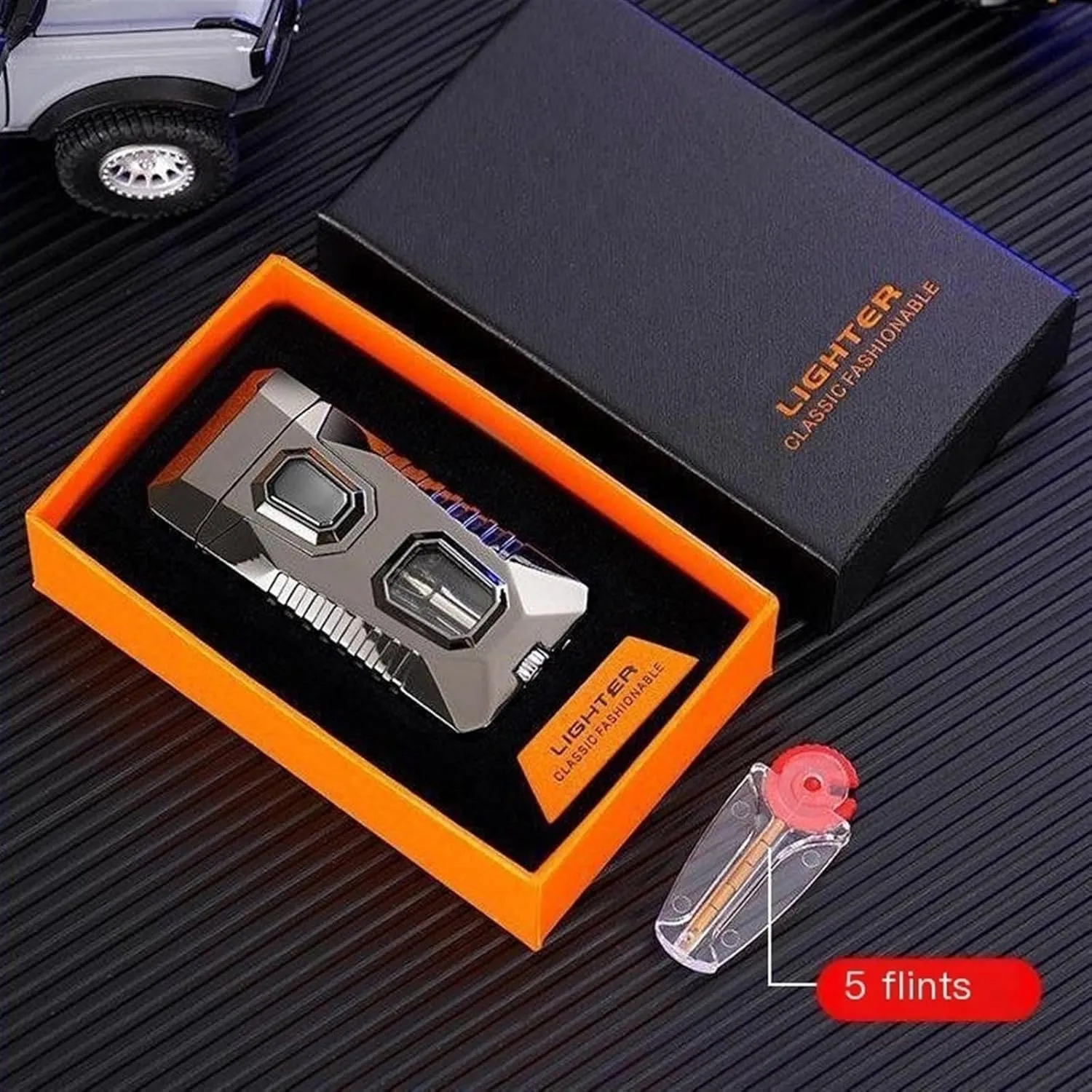Dual Flame Lighter with 5 flints, Blue Visible Fuel Compartment, Windproof Butane Gas Lighter, Adjustable Soft Flame and Jet Flame 2-in-1, refillable Butane Lighter (Color : K)