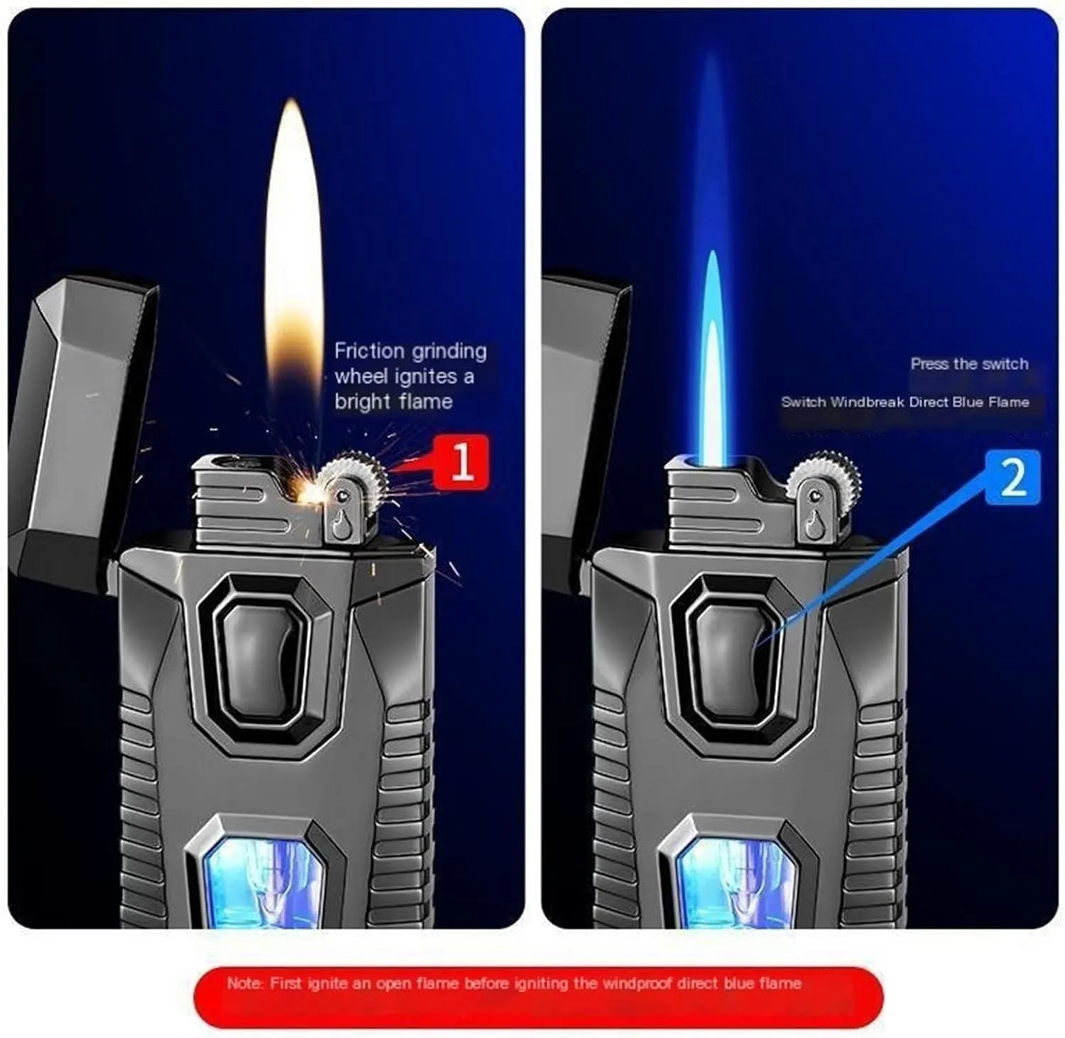 Dual Flame Lighter with 5 flints, Blue Visible Fuel Compartment, Windproof Butane Gas Lighter, Adjustable Soft Flame and Jet Flame 2-in-1, refillable Butane Lighter (Color : K)