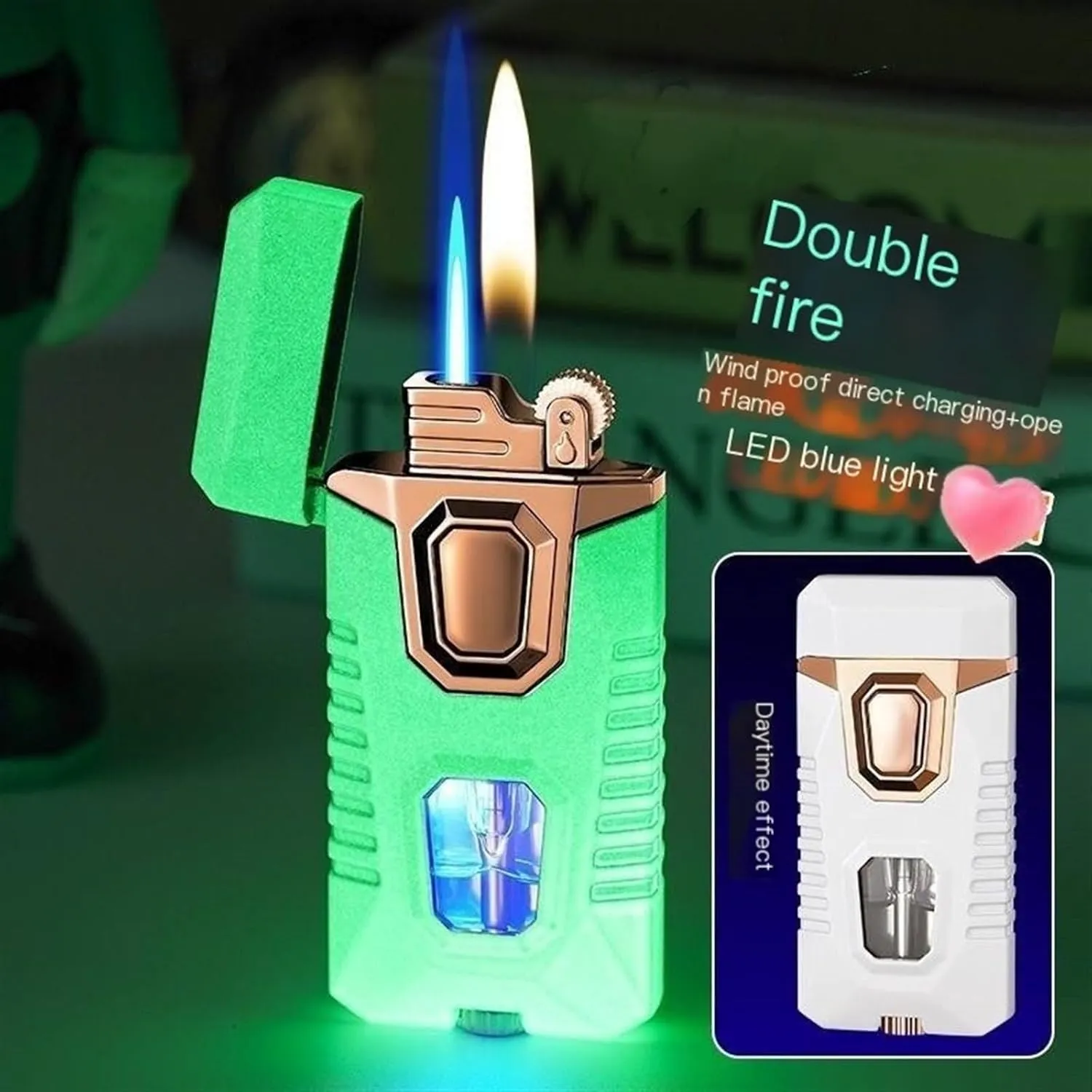Dual Flame Lighter with 5 flints, Blue Visible Fuel Compartment, Windproof Butane Gas Lighter, Adjustable Soft Flame and Jet Flame 2-in-1, refillable Butane Lighter (Color : K)