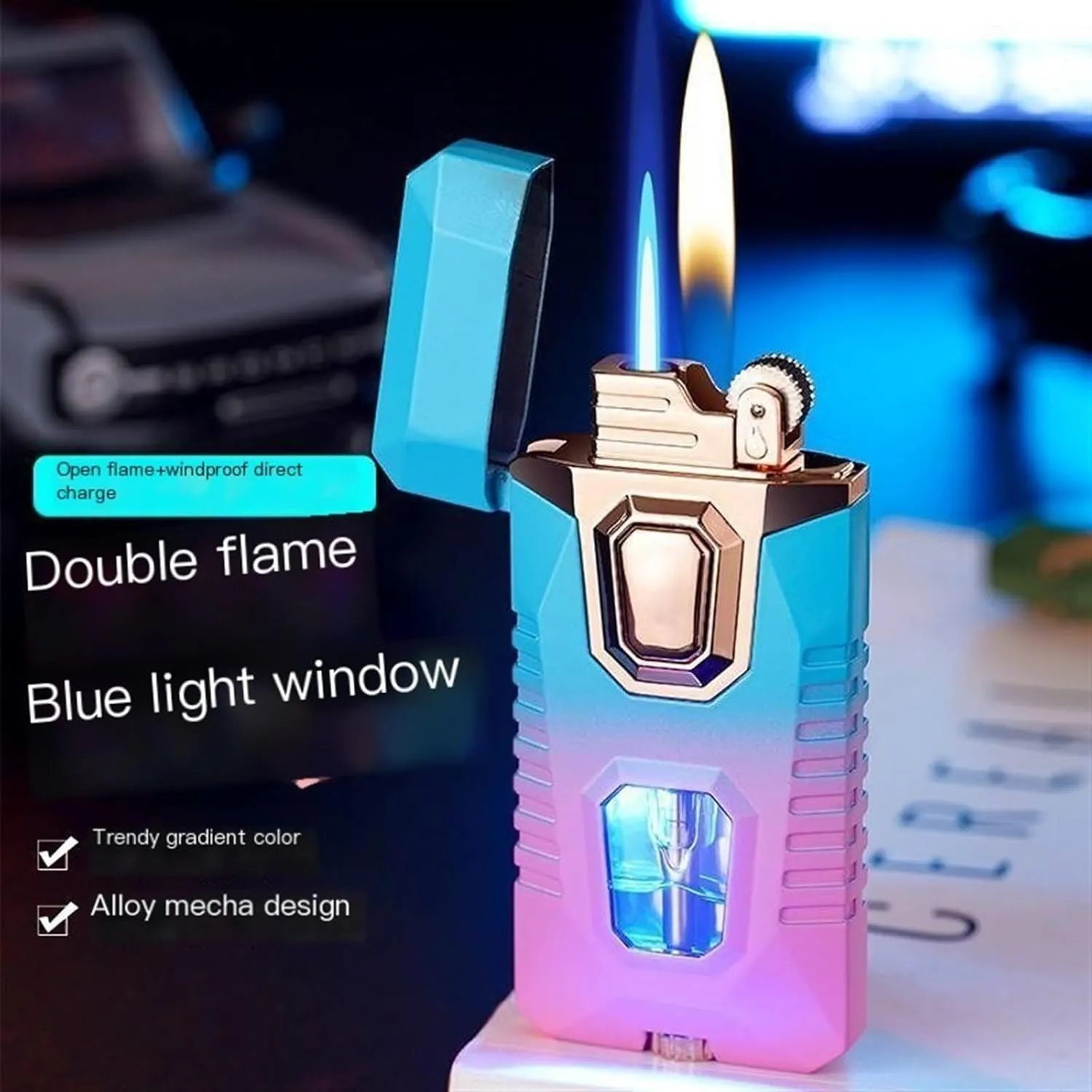 Dual Flame Lighter with 5 flints, Blue Visible Fuel Compartment, Windproof Butane Gas Lighter, Adjustable Soft Flame and Jet Flame 2-in-1, refillable Butane Lighter (Color : K)
