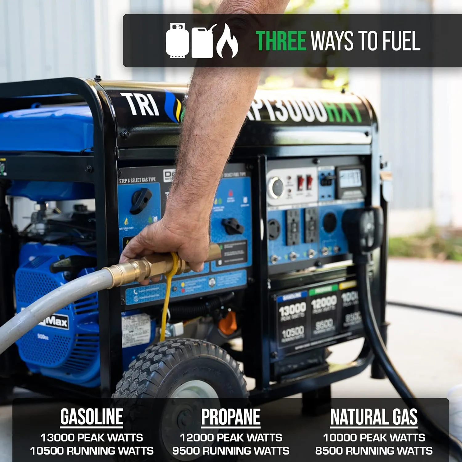 DuroMax XP13000HXT 13,000-Watt 500cc Tri Fuel Gas Propane Natural Gas Portable Generator with CO Alert, Black/Blue