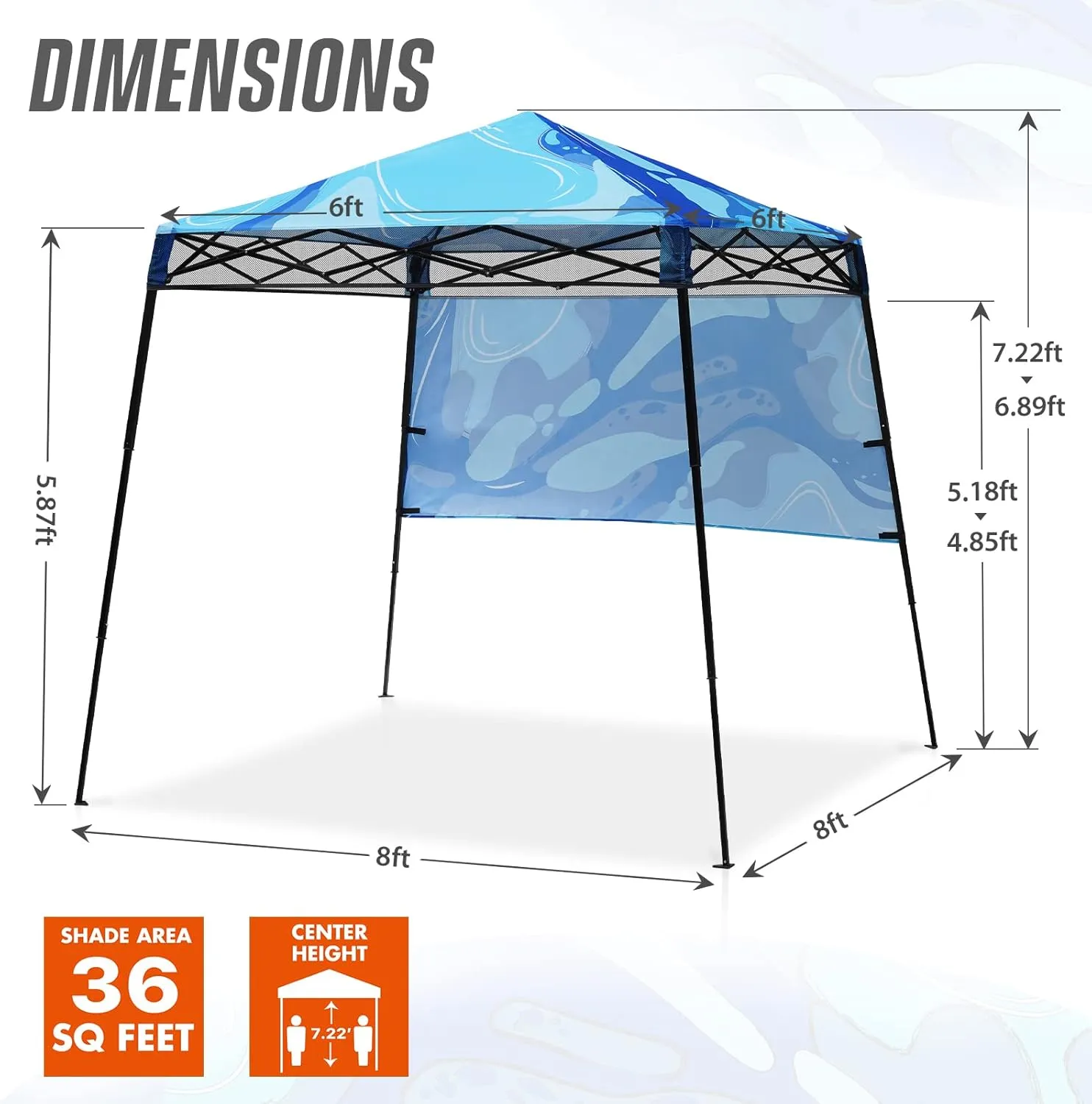 EAGLE PEAK 8x8 Pop Up Canopy Tent with Sidewall, Compact, Portable Slant Leg Instant Sun Shelter for Beach, Sports, & Camping, 8x8 Base 6x6 Top, Blue Abstract