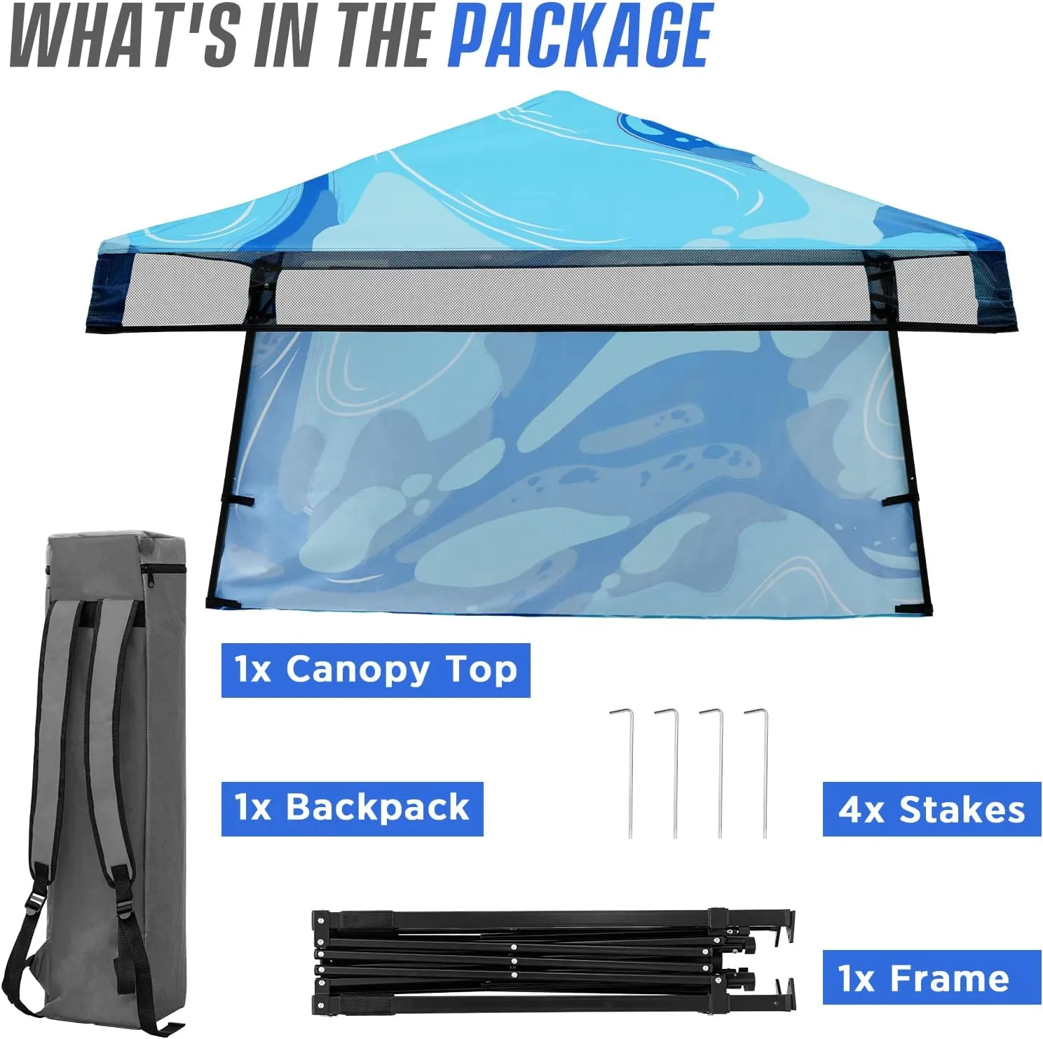 EAGLE PEAK 8x8 Pop Up Canopy Tent with Sidewall, Compact, Portable Slant Leg Instant Sun Shelter for Beach, Sports, & Camping, 8x8 Base 6x6 Top, Blue Abstract