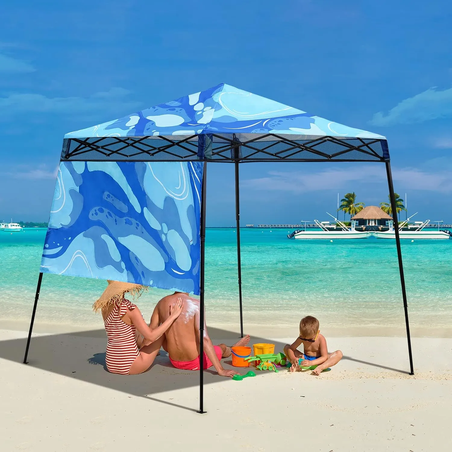 EAGLE PEAK 8x8 Pop Up Canopy Tent with Sidewall, Compact, Portable Slant Leg Instant Sun Shelter for Beach, Sports, & Camping, 8x8 Base 6x6 Top, Blue Abstract