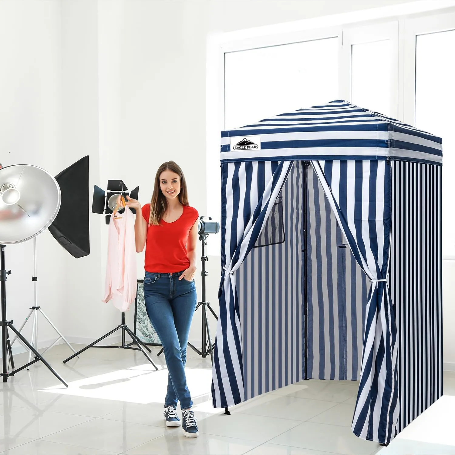 EAGLE PEAK Flex Ultra Compact 4x4 Pop-up Canopy, Sun Shelter, Changing Room, Portable Privacy Canopy Cabana for Pool, Fashion Photoshoots, or Camping, 4x4 ft, White/Blue