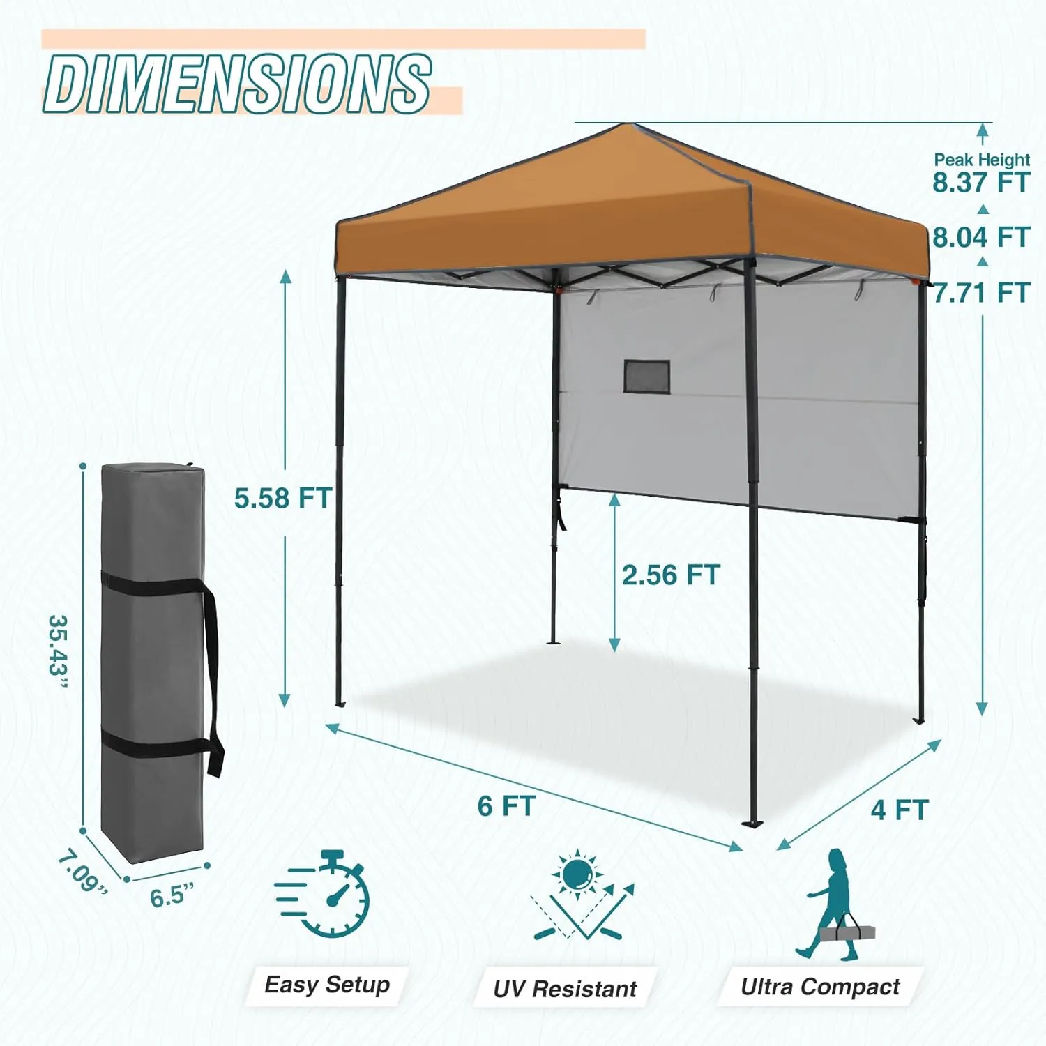 EAGLE PEAK Instant Pop Up Canopy with Adjustable Sun Wall 6x4, Straight Lightweight Compact Portable Tent with Carry Bag, Khaki