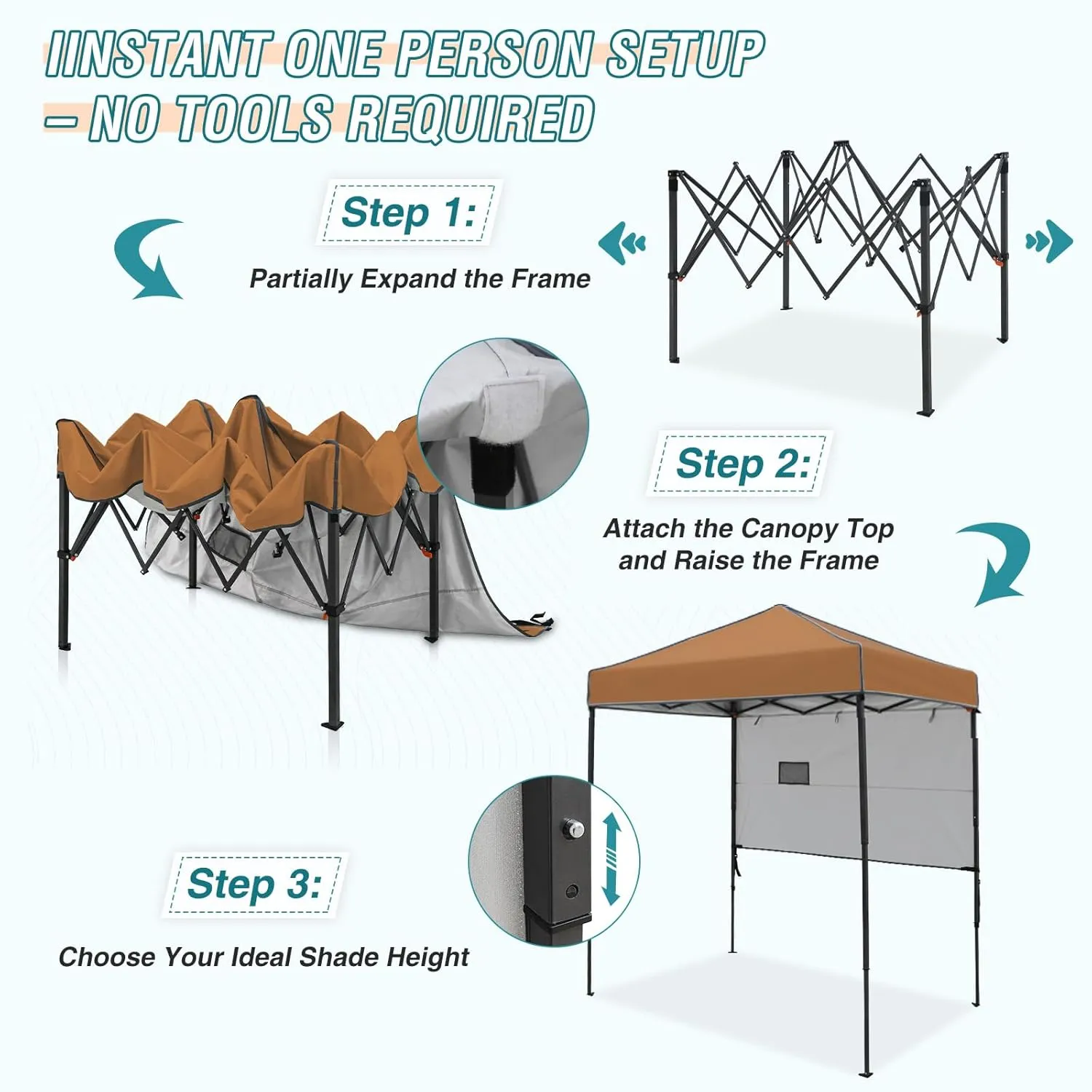EAGLE PEAK Instant Pop Up Canopy with Adjustable Sun Wall 6x4, Straight Lightweight Compact Portable Tent with Carry Bag, Khaki