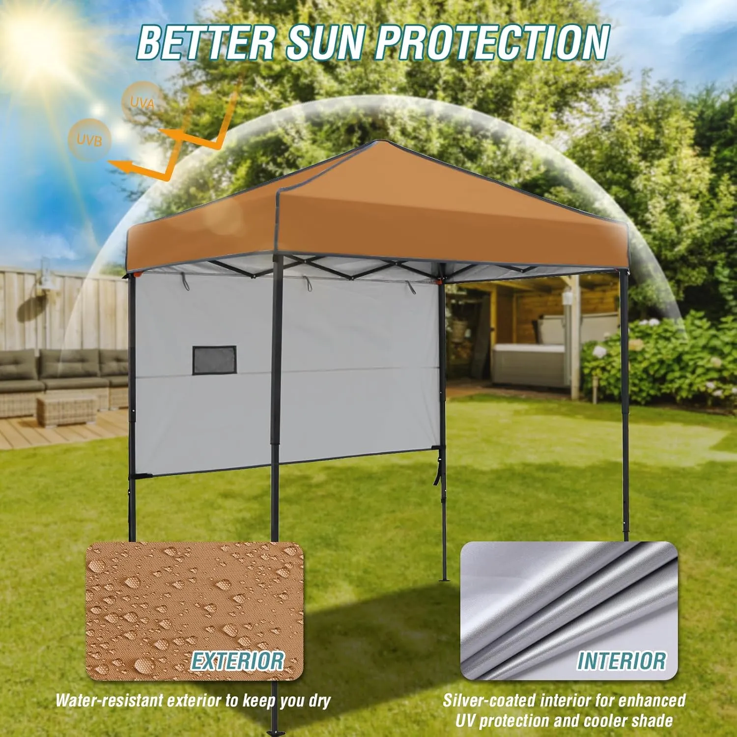 EAGLE PEAK Instant Pop Up Canopy with Adjustable Sun Wall 6x4, Straight Lightweight Compact Portable Tent with Carry Bag, Khaki