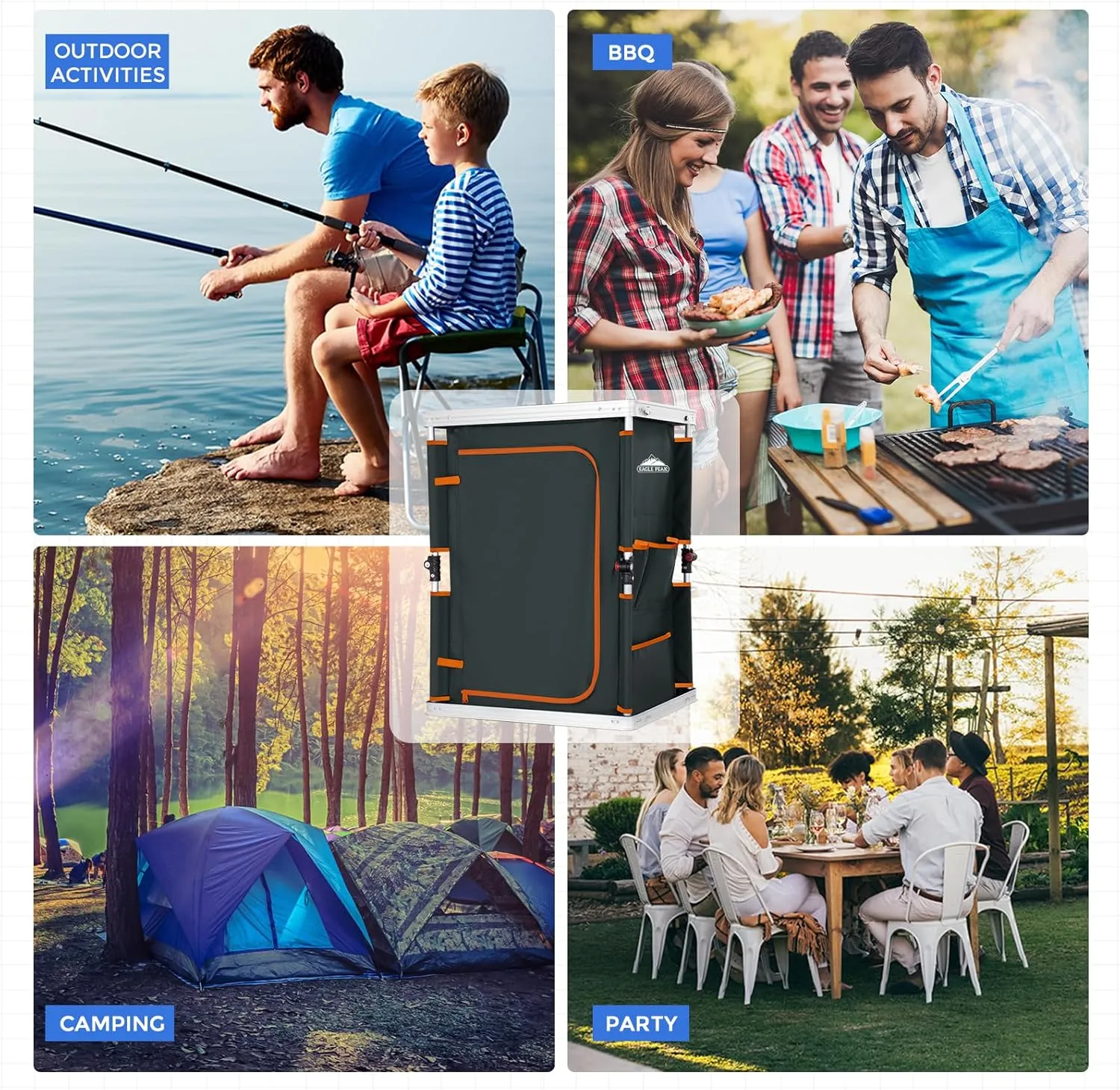 EAGLE PEAK Outdoor Folding Camping Table with Large 3-Tier Storage Organizer and Side Pockets, Easy Set Up Portable Aluminum Camping Kitchen, Gray