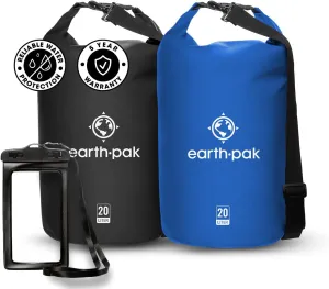 Earth Pak Waterproof Dry Bag - Roll Top Waterproof Backpack Sack (20L Black & 20L Blue)