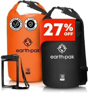 Earth Pak Waterproof Dry Bag - Roll Top Waterproof Backpack Sack Keeps Gear Dry for Kayaking & Fishing with Phone Case (Orange 10L & Black 10L)