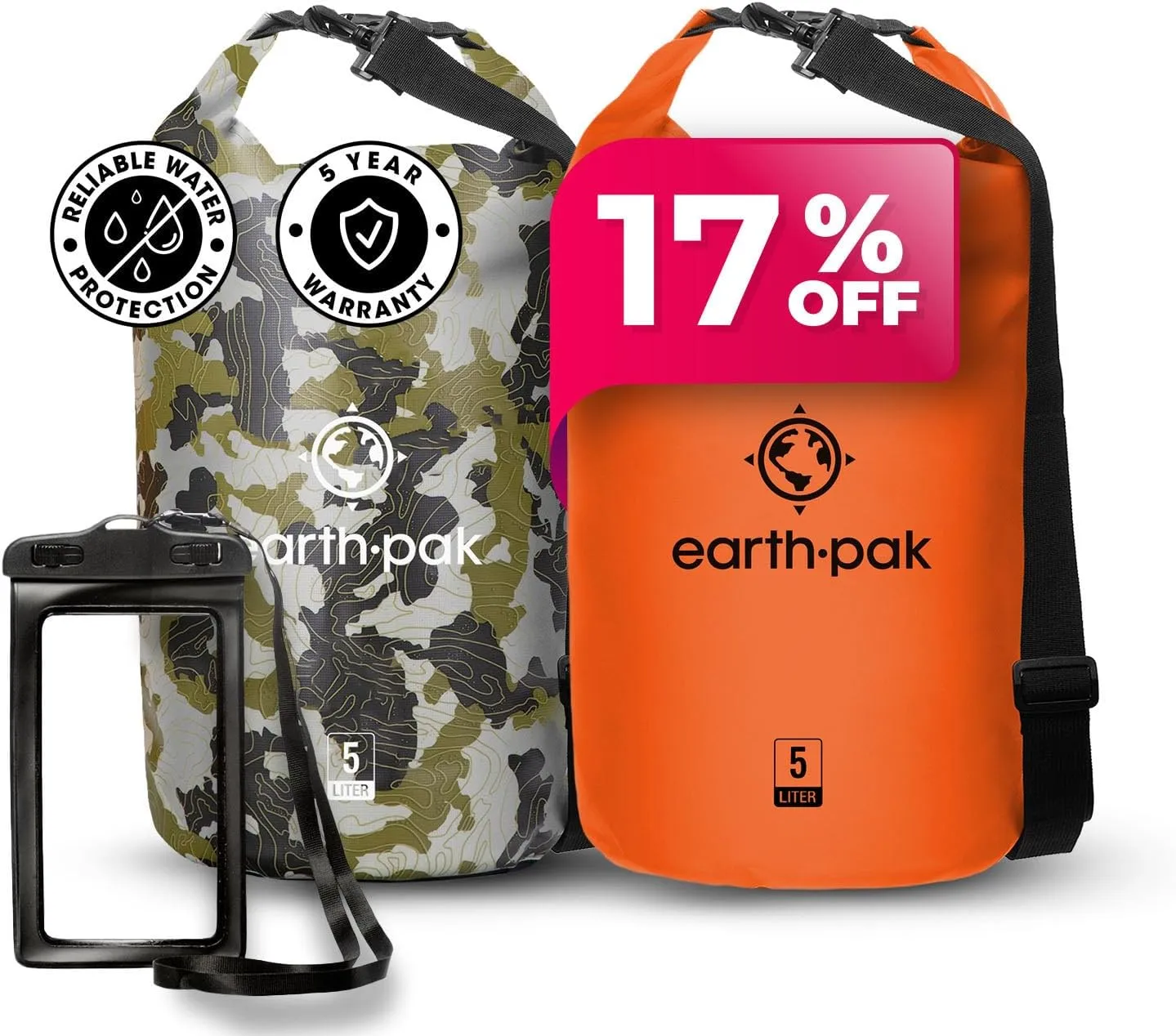 Earth Pak Waterproof Dry Bag - Roll Top Waterproof Camo 5L & Orange 5L