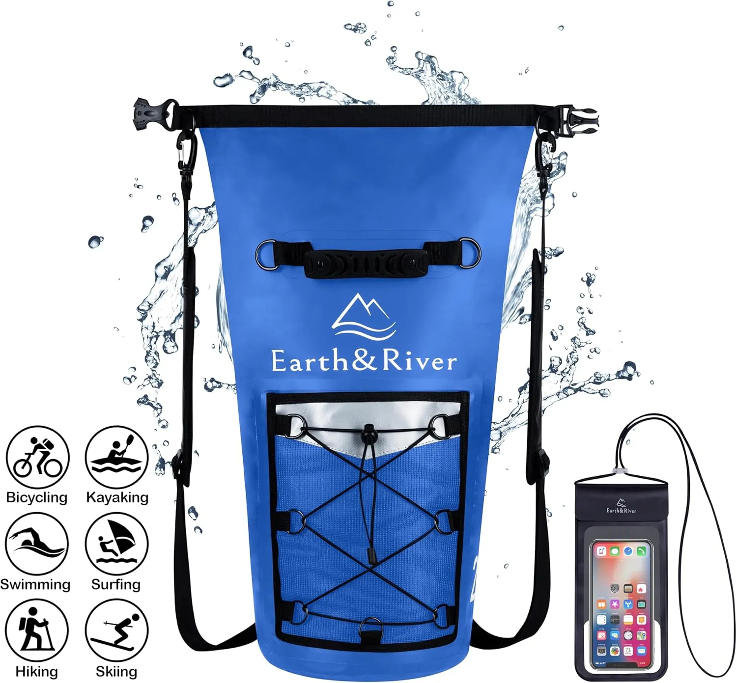 EARTH&RIVER Premium Dry Bag Backpack, Extra Thick, Protection for All Water Activities & Camping, Floating Lightweight Dry Bag with Inside Pocket Storage & IPX8 Waterproof Phone Case (Nevy Blue, 20L)