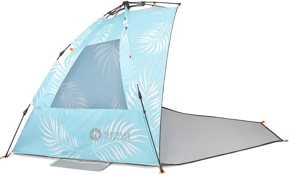 Easthills Outdoors Instant Shader Enhanced (Prints) Deluxe XL Beach Tent 4-6 Person Popup Sun Shelter 99" Wide for Family UPF 50  Double Silver Coated with Extended Zippered Porch Palm Tree Leaves