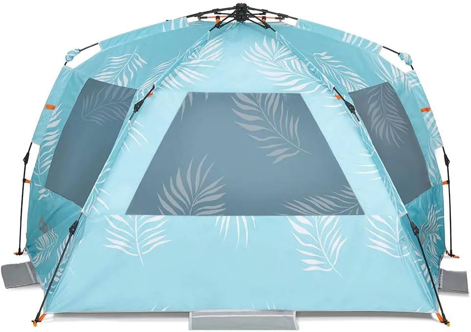 Easthills Outdoors Instant Shader Enhanced (Prints) Deluxe XL Beach Tent 4-6 Person Popup Sun Shelter 99" Wide for Family UPF 50  Double Silver Coated with Extended Zippered Porch Palm Tree Leaves