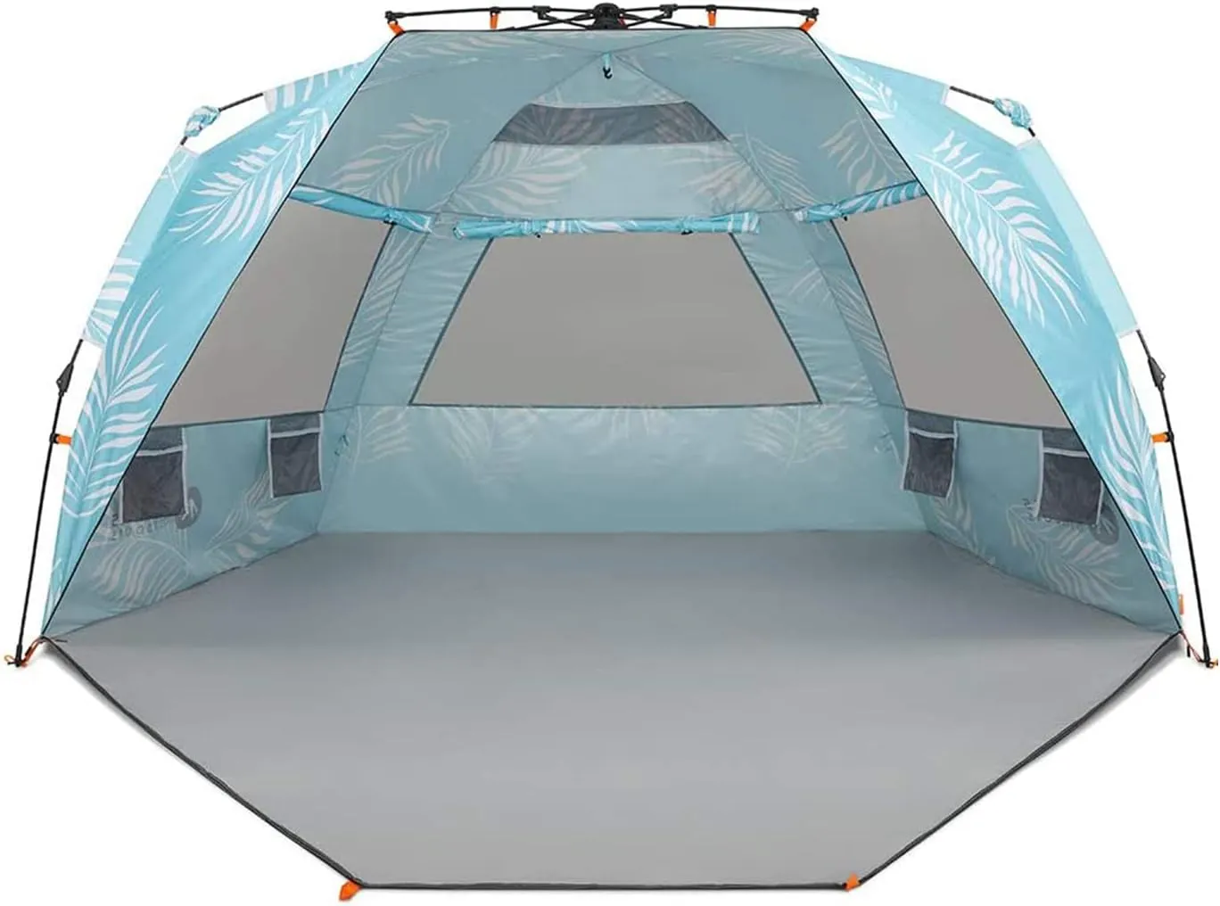 Easthills Outdoors Instant Shader Enhanced (Prints) Deluxe XL Beach Tent 4-6 Person Popup Sun Shelter 99" Wide for Family UPF 50  Double Silver Coated with Extended Zippered Porch Palm Tree Leaves