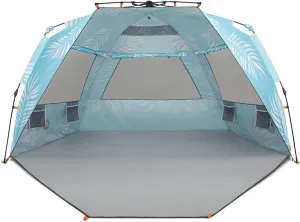Easthills Outdoors Instant Shader Enhanced (Prints) Deluxe XL Beach Tent 4-6 Person Popup Sun Shelter 99" Wide for Family UPF 50  Double Silver Coated with Extended Zippered Porch Palm Tree Leaves