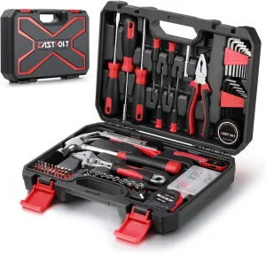 Eastvolt 128-Piece Home Repair Tool Set, Tool Sets for Homeowners, General Household Hand Tool Set with Storage Toolbox, EVHT12801, Black   Red (ASK01)