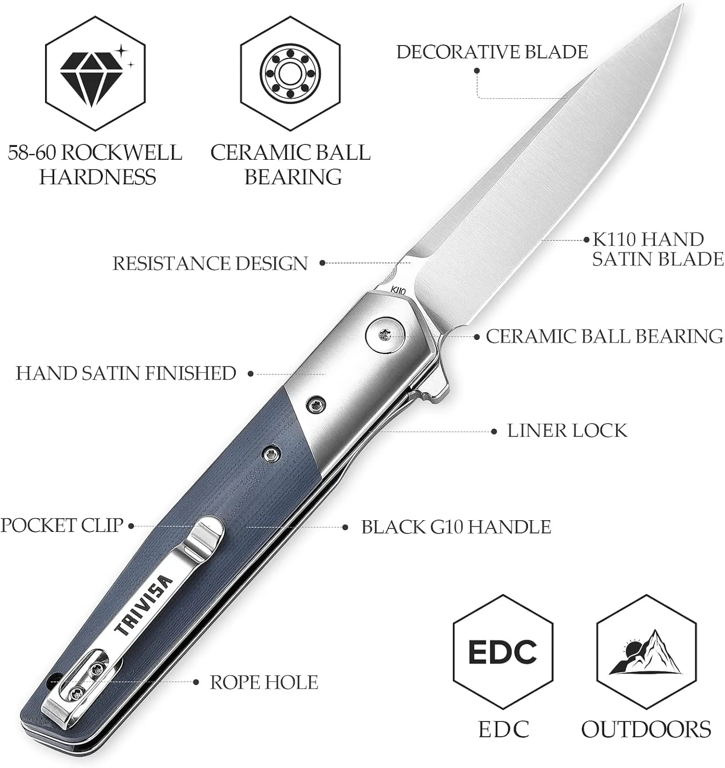EDC Folding Pocket Knife for Camping Hiking Survival, Folded EDC Gentleman's Knives,3.5" K110 Steel Flipper Blade & G10,Outdoor Gifts for Men, Leominor-03g