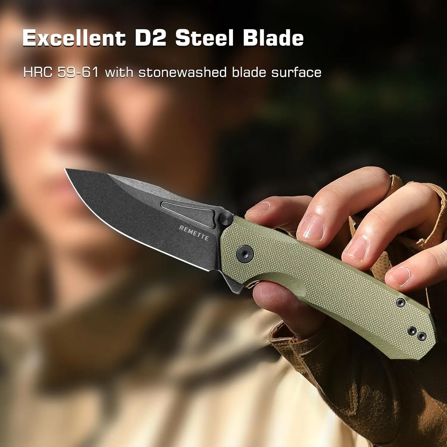 EDC Pocket Knife Rhino 0210,3" D2 Steel Blade Durable G10 Handle, Folding Pocket Knives with Reversible Pocket Clip, Sharp Camping Hiking Pocket Knife for Men