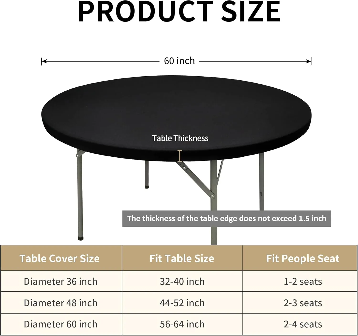eeivs 2 Pack Round Fitted Tablecloth Black Spandex Elastic Stretchable Table Cover for Kitchen Dining Indoor Outdoor Picnic Camping Table Topper 60 Inch