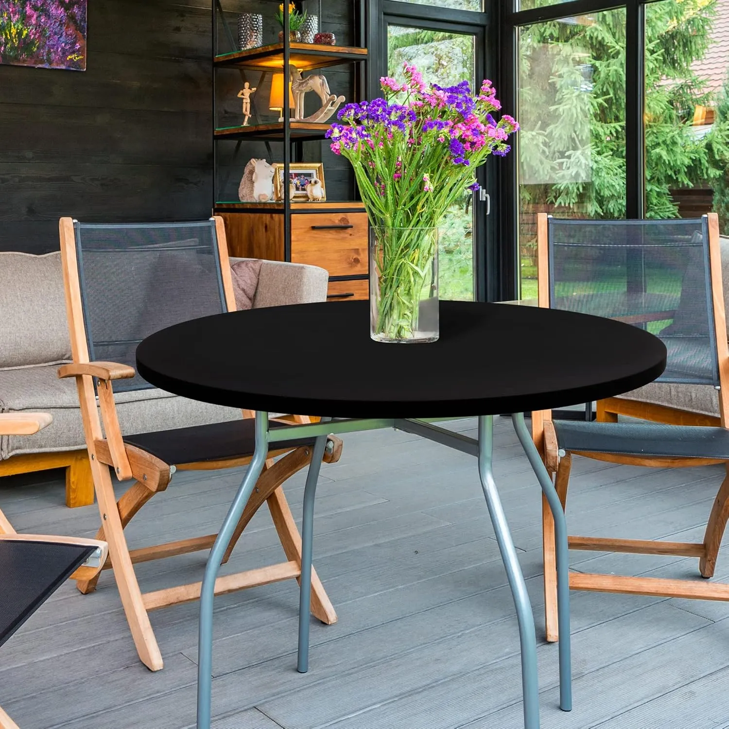 eeivs 2 Pack Round Fitted Tablecloth Black Spandex Elastic Stretchable Table Cover for Kitchen Dining Indoor Outdoor Picnic Camping Table Topper 60 Inch