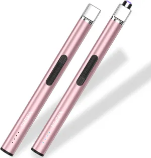 Electric Lighter 2 Pack REIDEA S4 Pro USB Rechargeable Safety Lock with LED Battery Indicator Flameless Windproof Arc Plasma Lighter for Candle, Fireworks (Rose Gold)