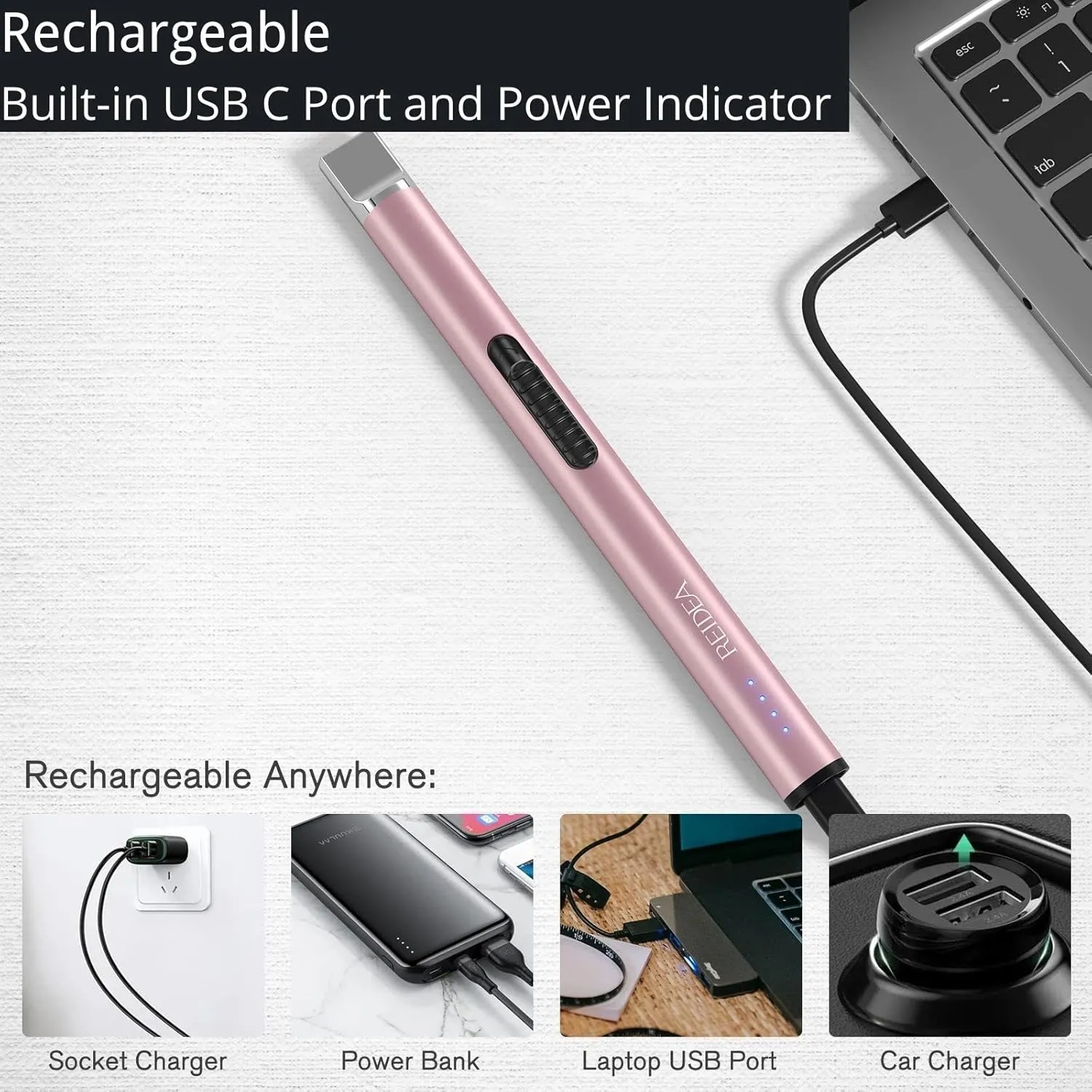 Electric Lighter 2 Pack REIDEA S4 Pro USB Rechargeable Safety Lock with LED Battery Indicator Flameless Windproof Arc Plasma Lighter for Candle, Fireworks (Rose Gold)