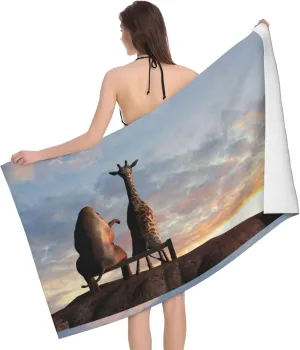 Elephant Giraffe On A Mountain Top Sunset Microfiber Bath Towel 32"x52" Lightweight and Quick Drying Ultra Soft Highly Absorbent Towels for Bathroom, Gym, Hotel, Beach and Spa