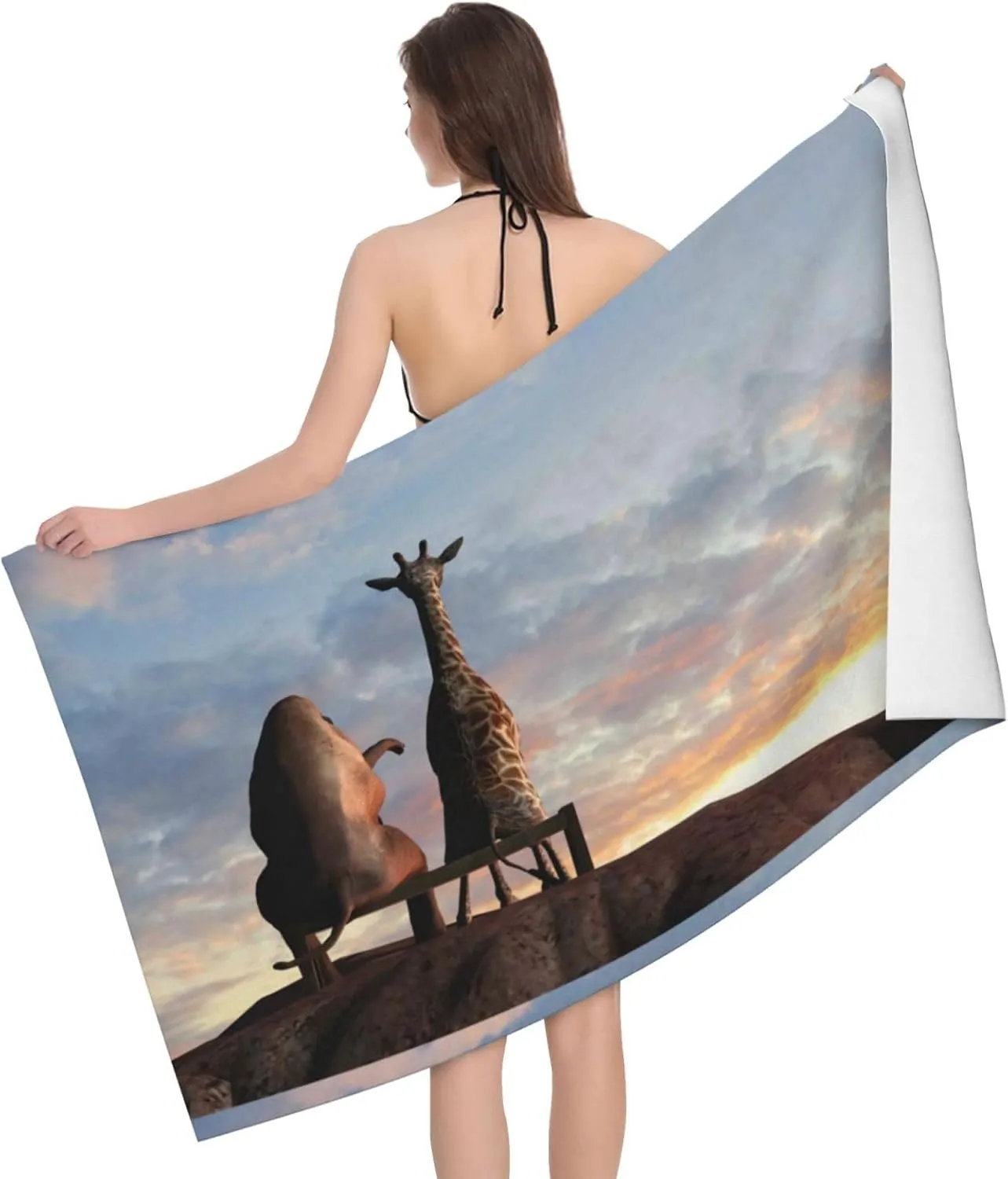 Elephant Giraffe On A Mountain Top Sunset Microfiber Bath Towel 32"x52" Lightweight and Quick Drying Ultra Soft Highly Absorbent Towels for Bathroom, Gym, Hotel, Beach and Spa