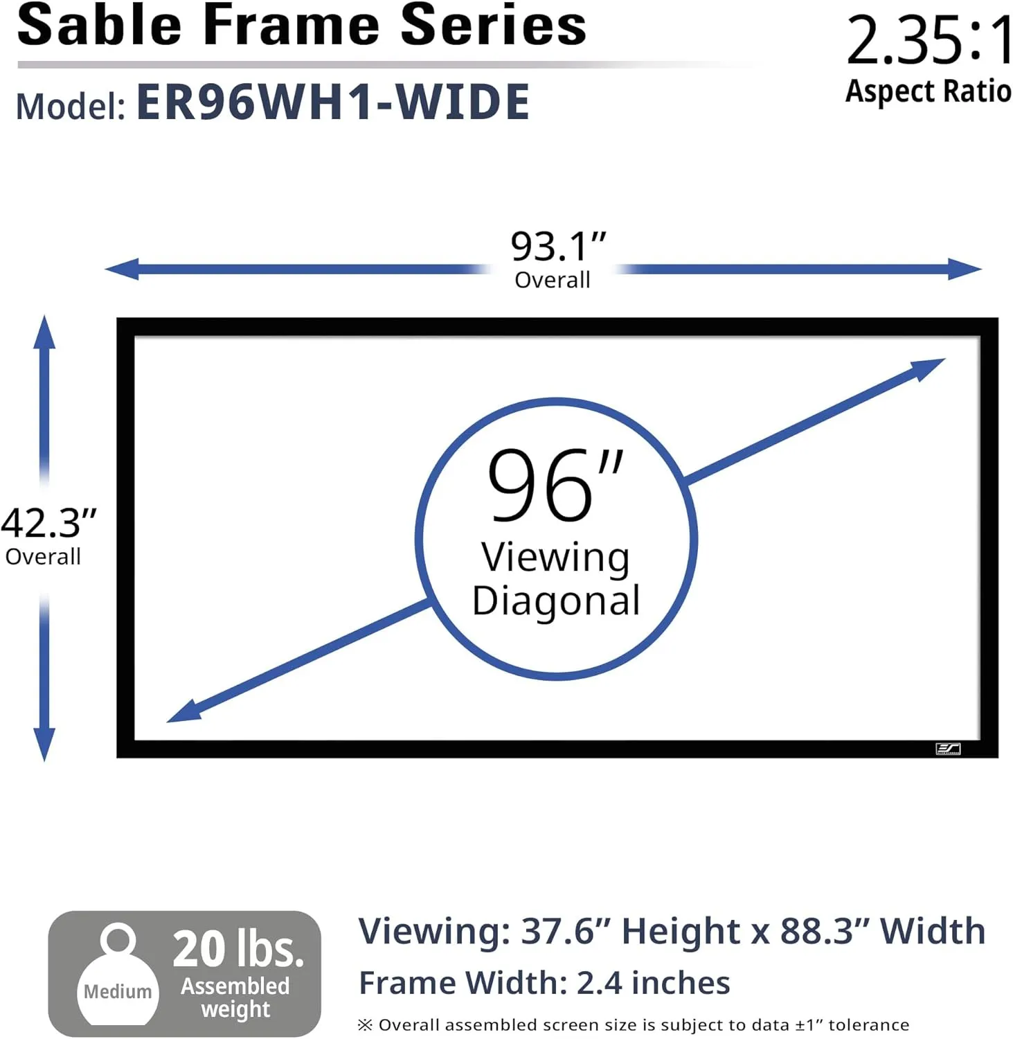 Elite Screens Sable Frame, 96-inch 2.35:1 Diagonal, Active 3D 4K Ultra HD ReadyFixed Frame Home Theater Projection Projector Screen, ER96WH1-Wide