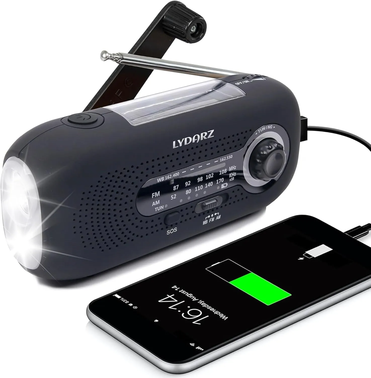 Emergency Crank Weather Radio, Solar Hand Crank Portable AM/FM/NOAA, 3 Mode Flashlight, Cell Phone Charger, SOS for Home and Outdoor (Black)