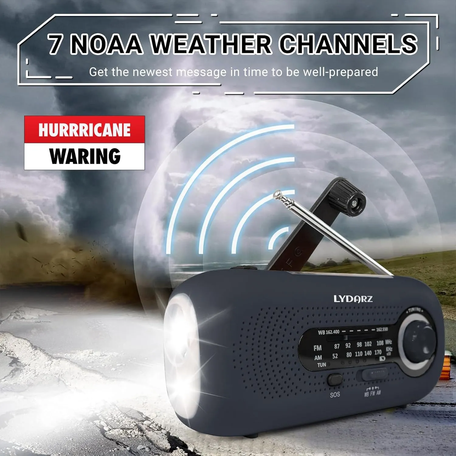 Emergency Crank Weather Radio, Solar Hand Crank Portable AM/FM/NOAA, 3 Mode Flashlight, Cell Phone Charger, SOS for Home and Outdoor (Black)