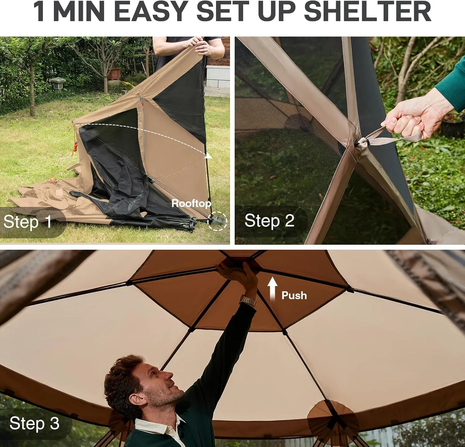 EVER ADVANCED Pop up Screen House Tent for Camping 11.5 x 9.8 ft, Instant Screened Gazebo Canopy with Netting, Portable Shelter Enclosure for Outdoor, Backyard, Khaki