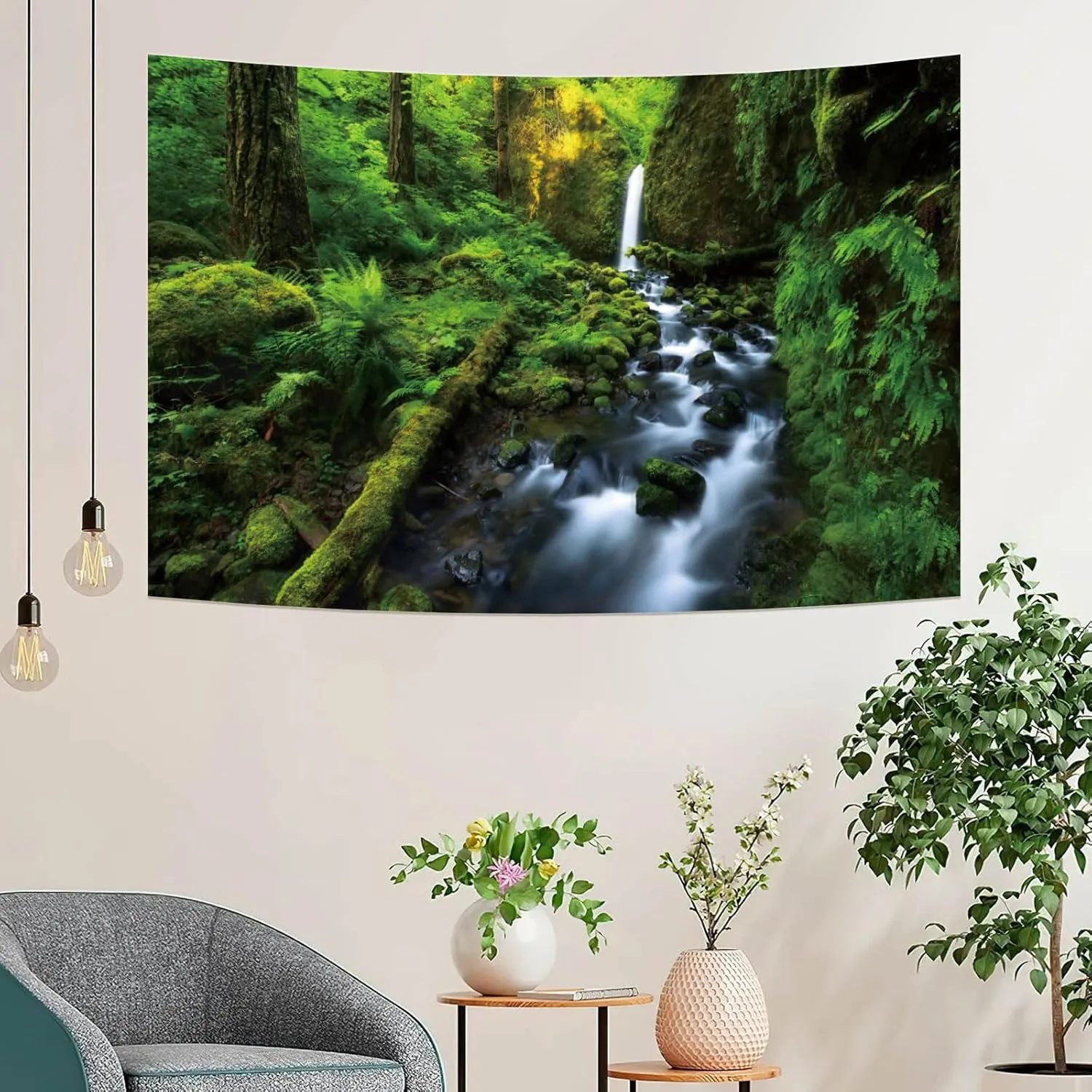 Fabric 7x5ft Jungle River Backdrop Spring Waterfall River Green Forest Photography Background Flowing Mountain Stream Natural Scenery Wallpaper Outdoorsy Camping Hiking Photo Studio Props