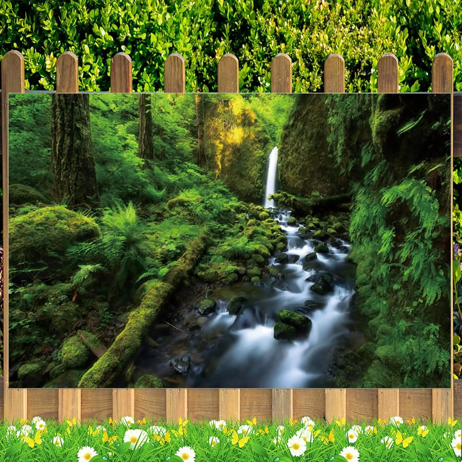 Fabric 7x5ft Jungle River Backdrop Spring Waterfall River Green Forest Photography Background Flowing Mountain Stream Natural Scenery Wallpaper Outdoorsy Camping Hiking Photo Studio Props