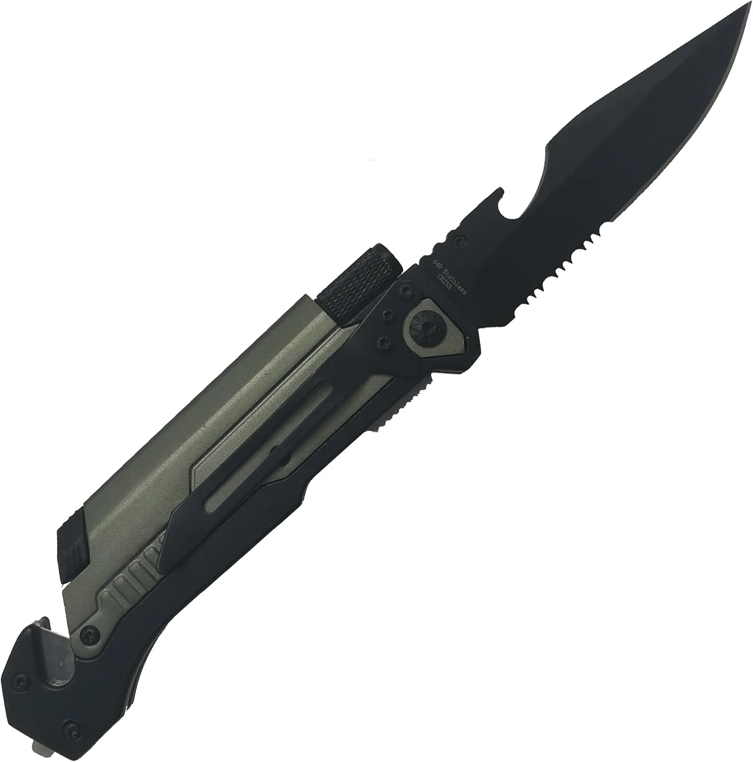 Falcon Spring Assisted Rescue Pocket Knife with Fire Starter and LED Flash Light