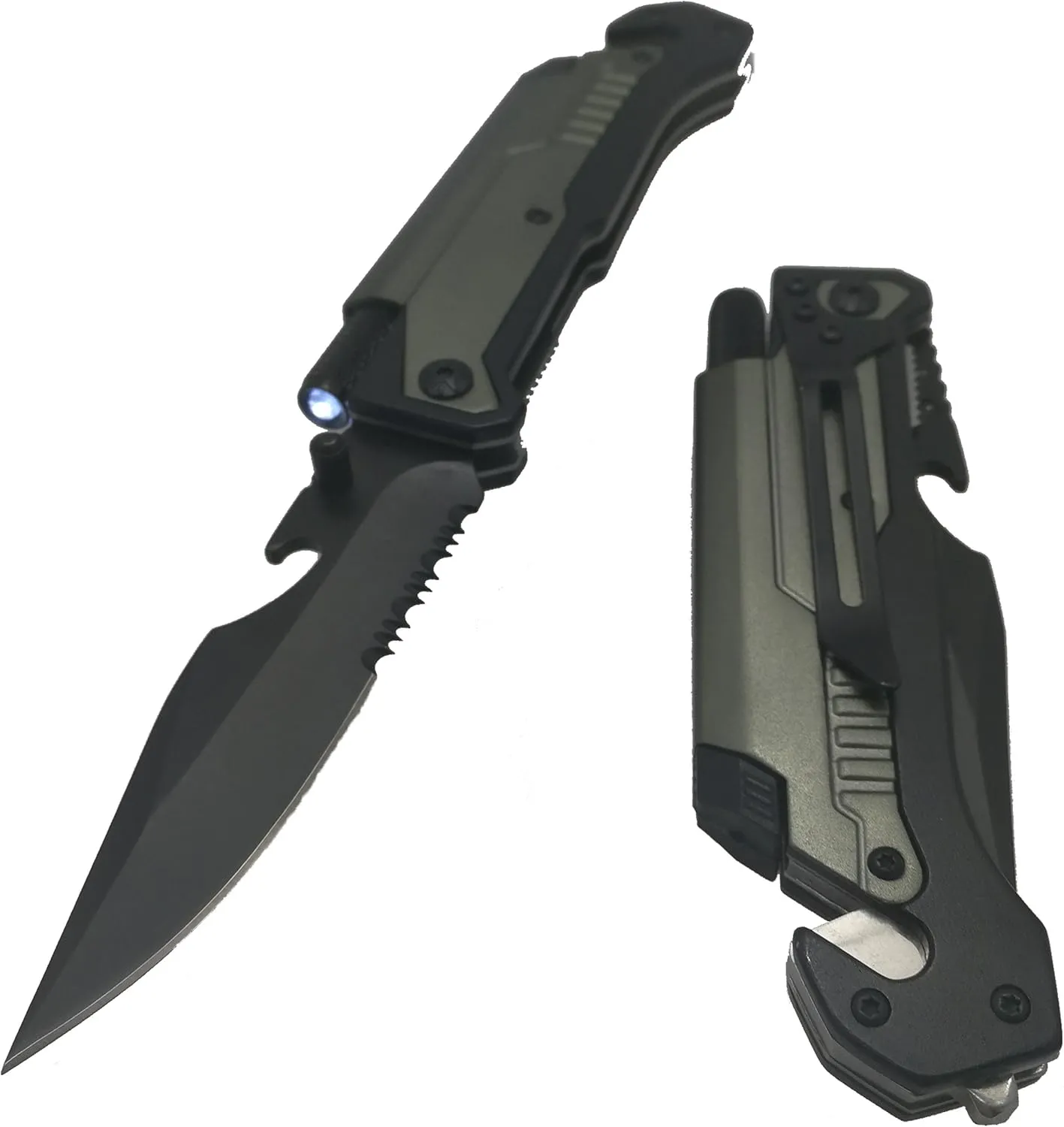 Falcon Spring Assisted Rescue Pocket Knife with Fire Starter and LED Flash Light