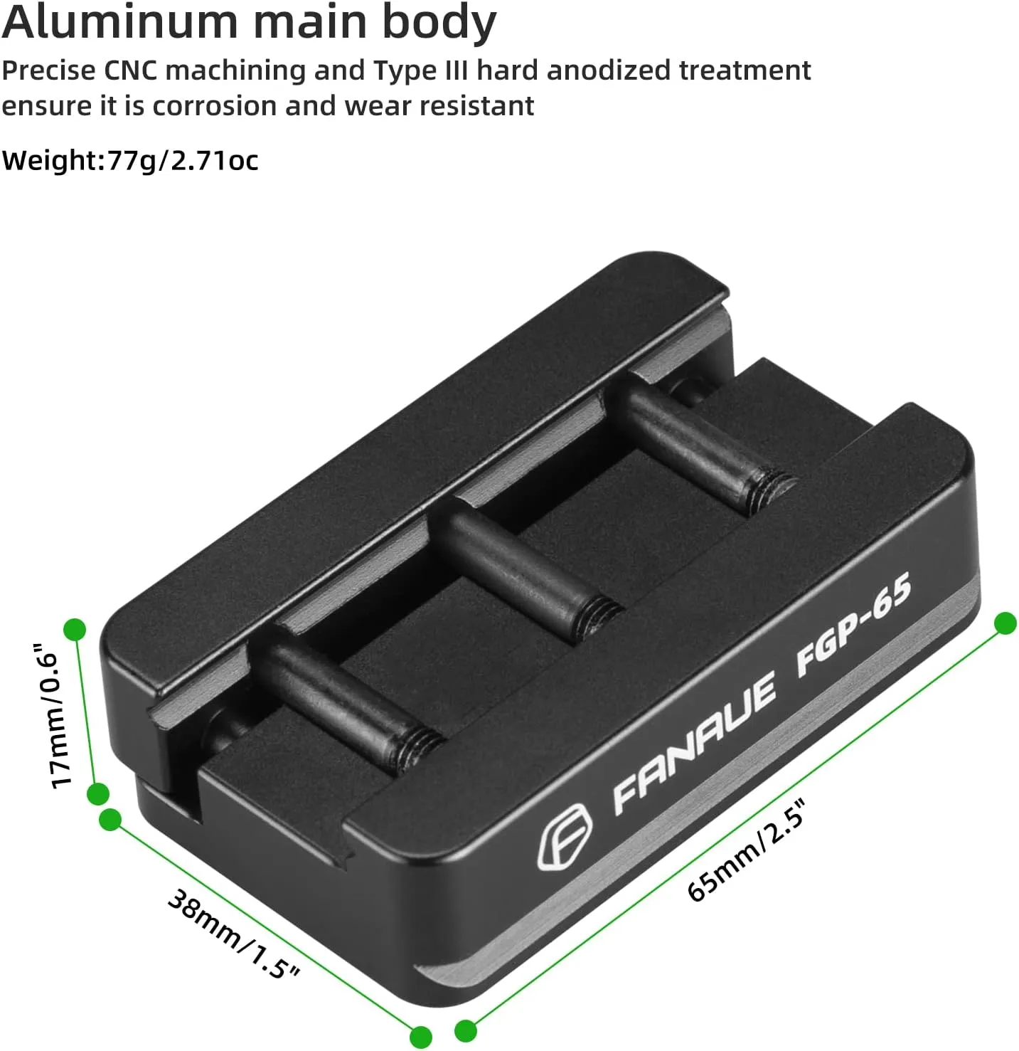 FANAUE FGP-65 Picatinny Arca-Swiss Compatible Rail Plate with Anti-Slip Slot, CNC Machined Aluminum,Tripod Dovetail Adapter Mount